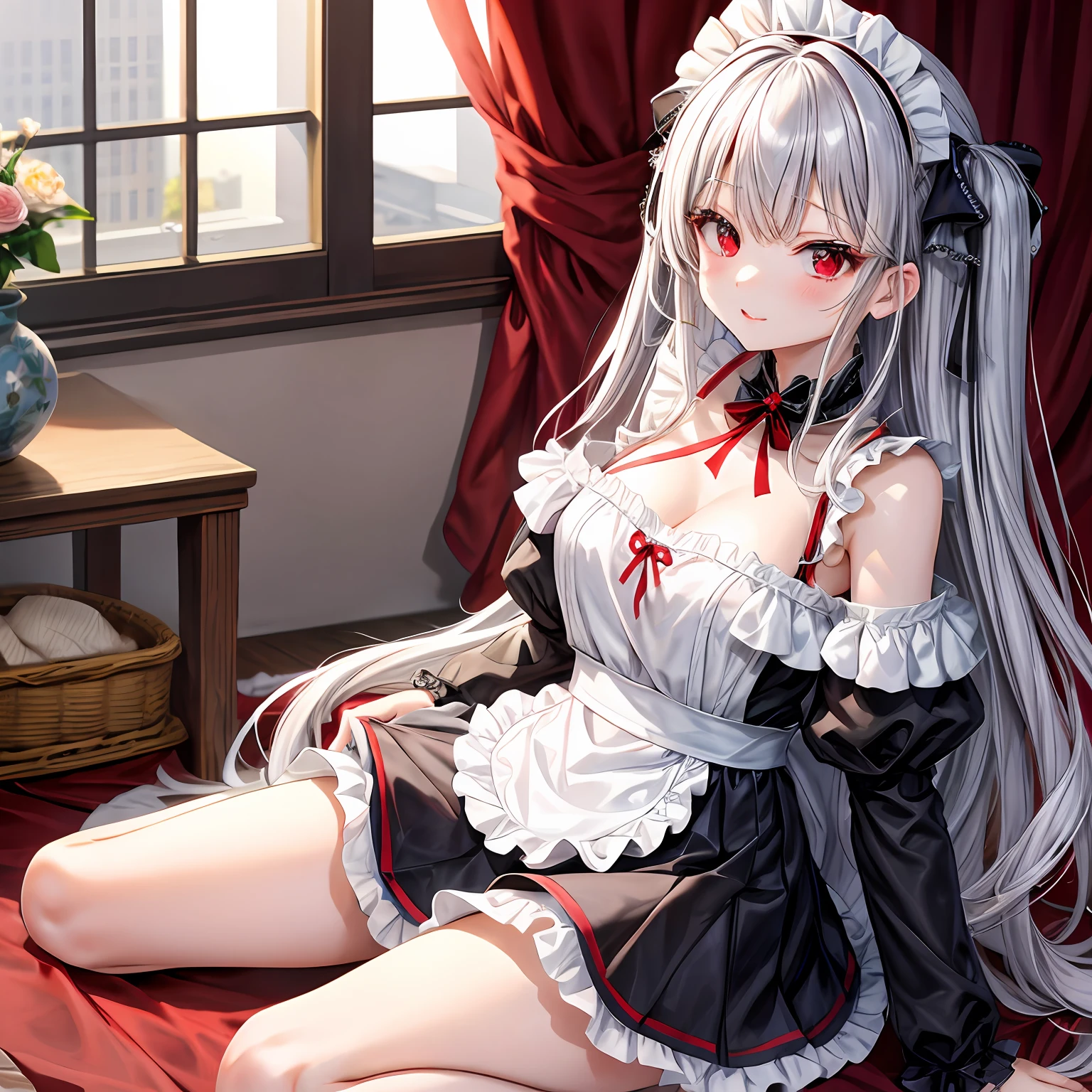 silber hair、red eyes、One pretty girl、独奏、animesque、maid clothes、off shoulders、a miniskirt、A sexy、sitting on