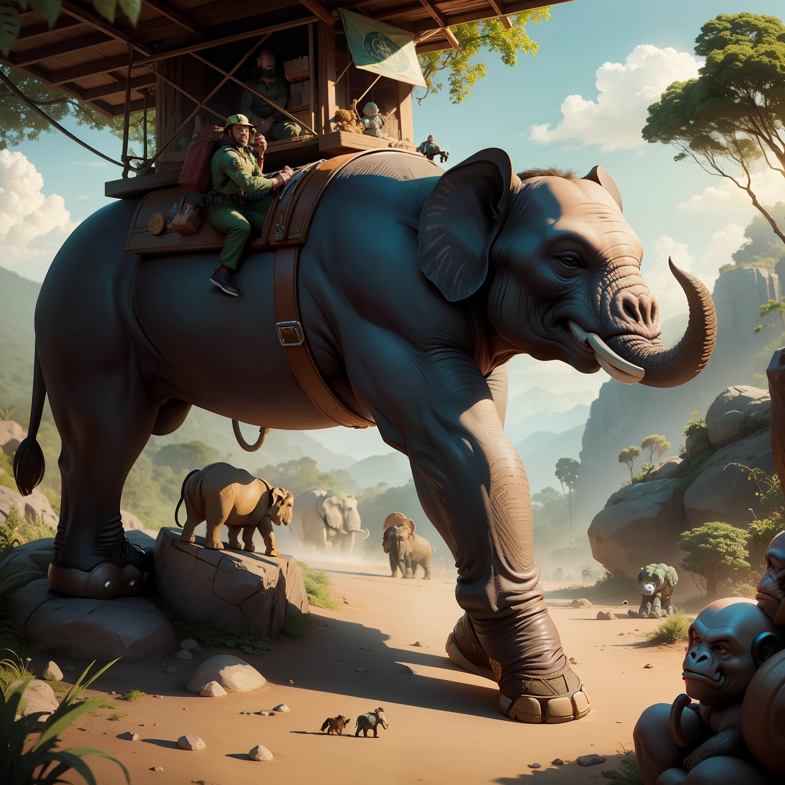 [The Rock] funky pop figure, jumanji, jungle, riding elephant, with some monkeys
