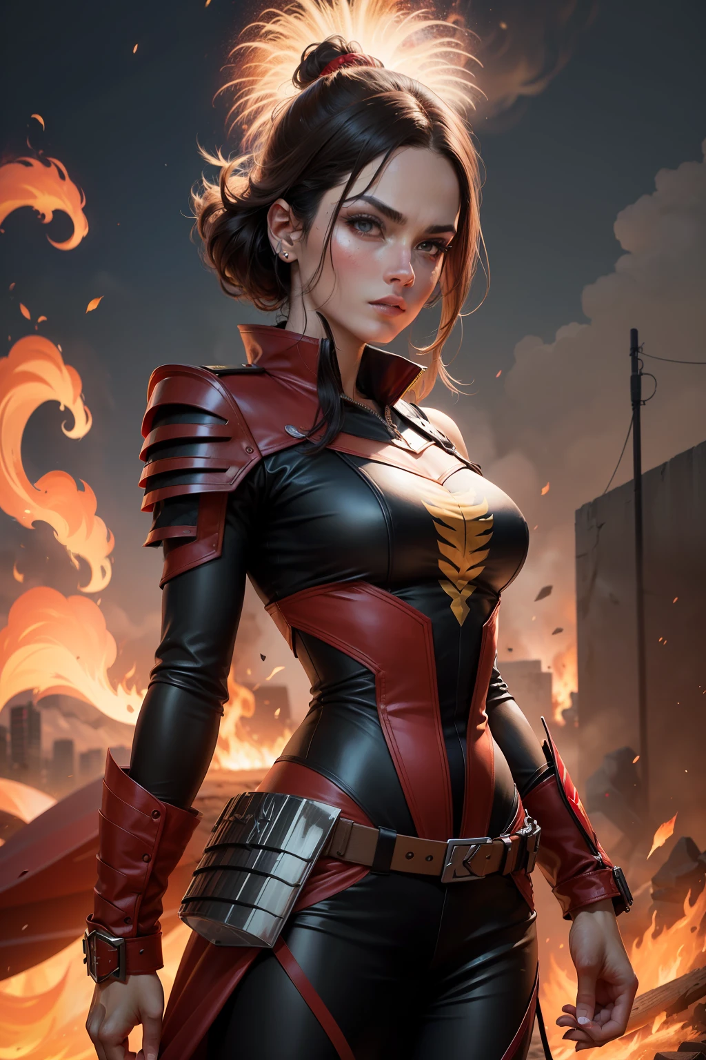 Crie um novo agente chamado 'Pyrojet', which is a dangerous combination of fire and agility, fundindo os estilos e personalidades de Jett e Phoenix, tornando-o o derradeiro guerreiro em ((valorant)), Adagas de fogo pelo cenario, mulher