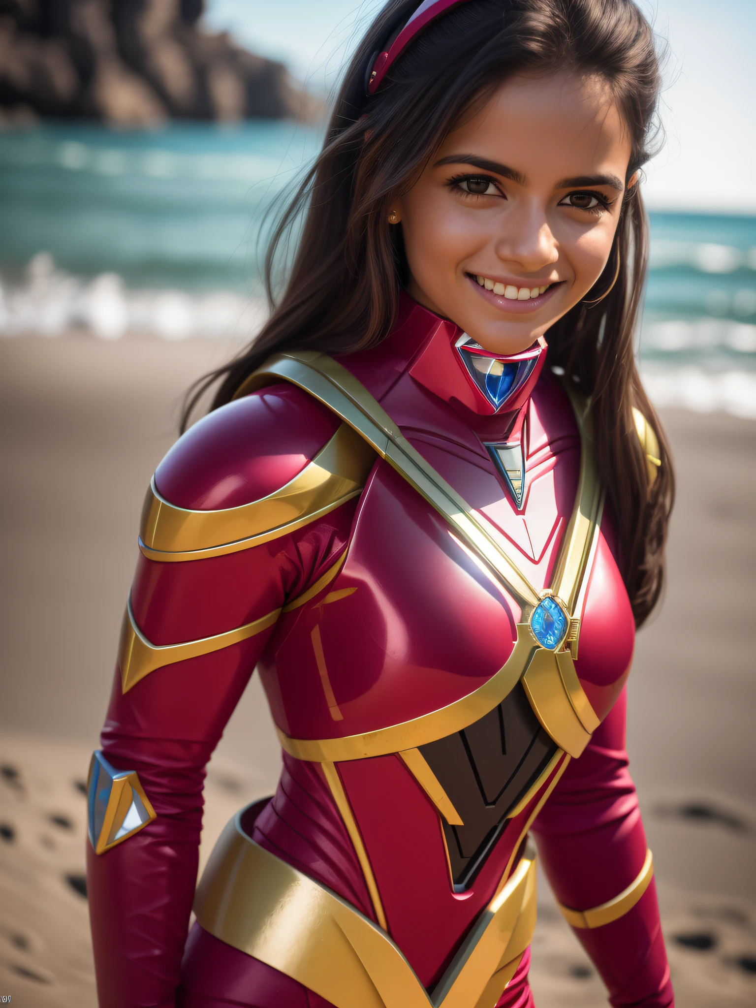 uma mulher, ((Power Ranger Rosa)), 8k UHD, DSLR, grain of film, fotorrealista, foco nítido, posing for camera, Auto retrato de rosto, smiling at camera.