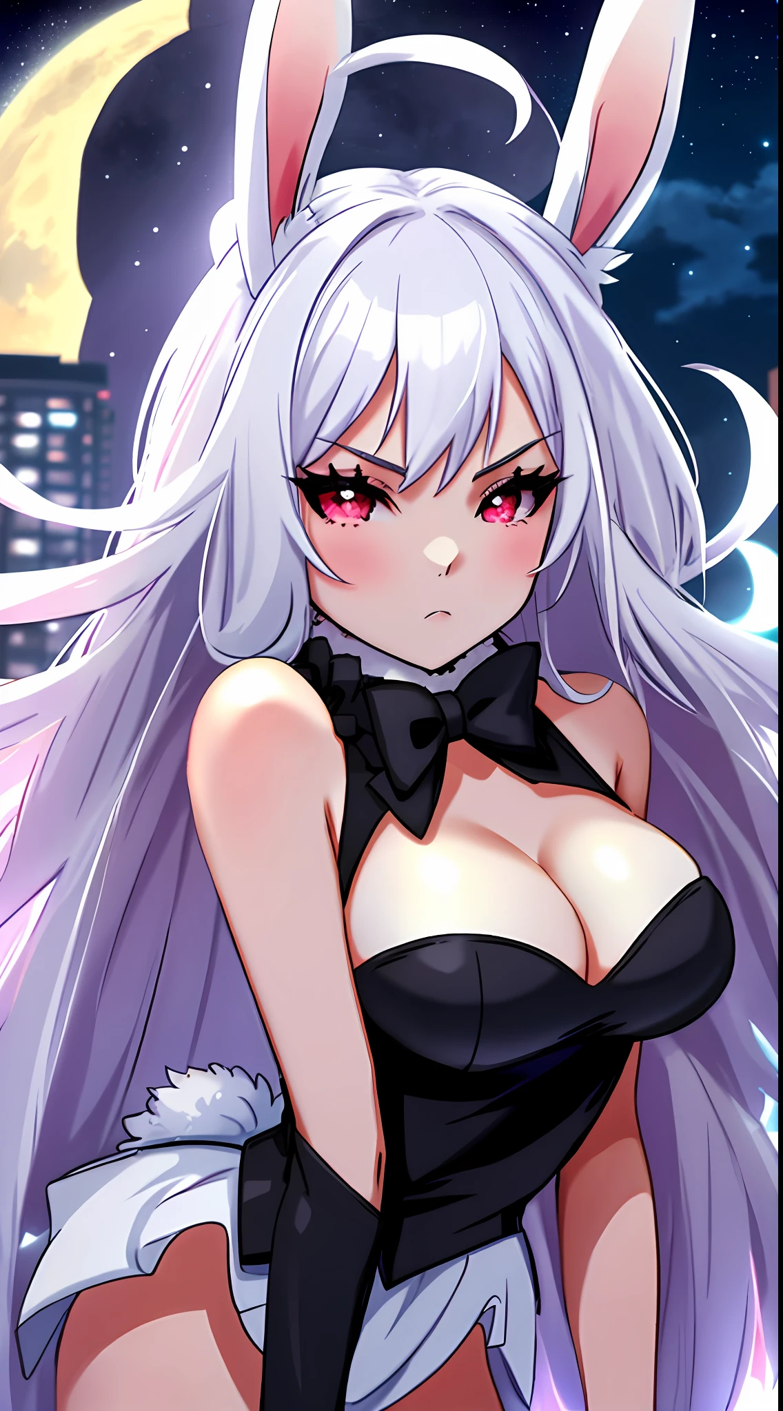 1 girl, souryuu, full moon, Bunny ears,one-girl,best qualtiy,the night,galactic,starrysky,City rooftops,little breast,cleavage,Rabbit ears,scowling,face expressionless,upperbody closeup,sportrait,Close-up,HighestQuali,k hd,Perfect details,(tmasterpiece:1.3)