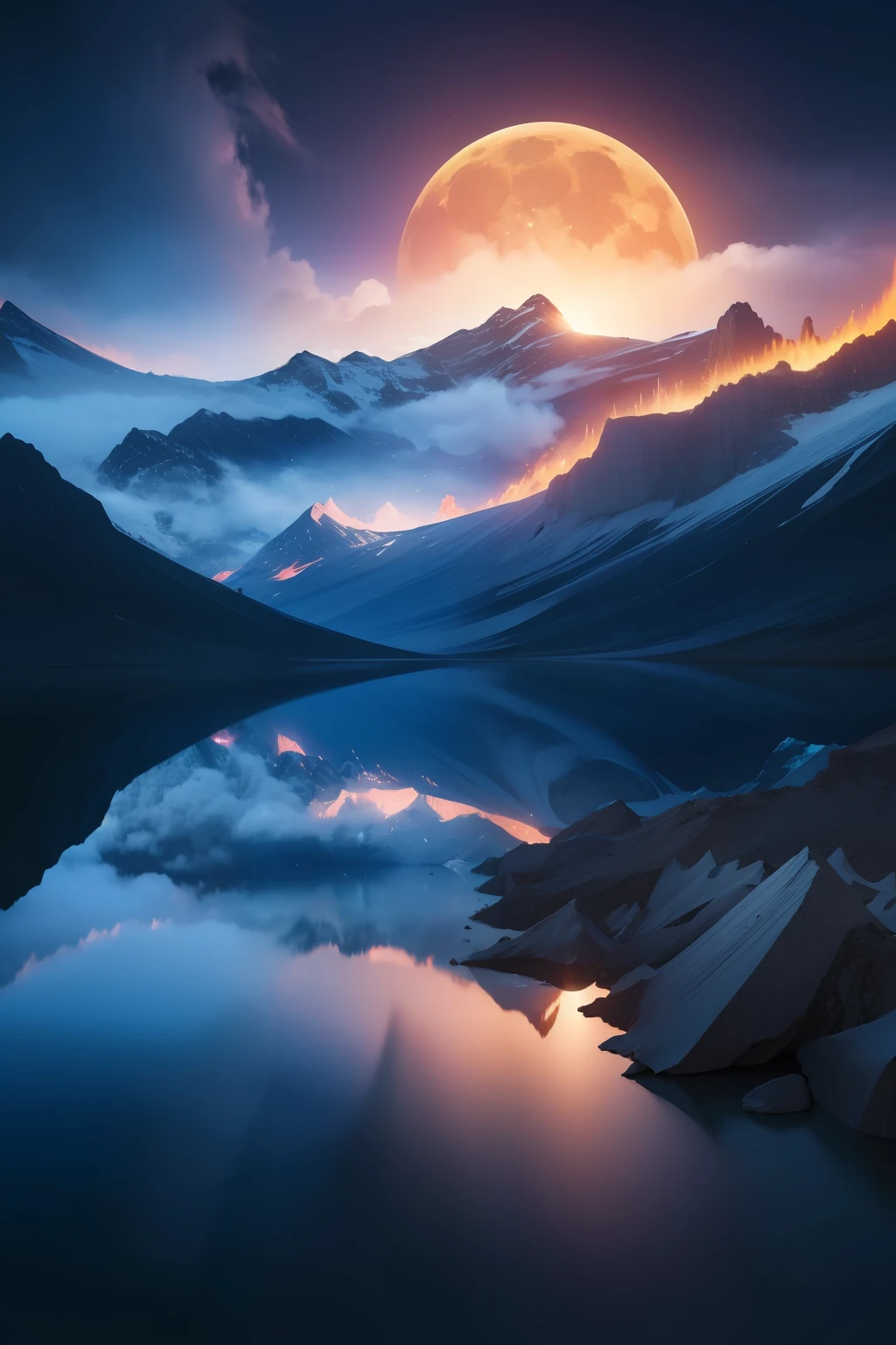 Volcanoes erupting and a lake with a moon in the sky, arte digital altamente detallado 4K, fondo de pantalla 4K HD muy detallado, Breathtaking fantasy scenery, sci-fi fantasy desktop wallpaper, fondo de pantalla de escritorio de Unreal Engine 4K, arte digital detallado 4K, sci-fi fantasy wallpaper, Dreamy epic fantasy landscape, pintura digital mate 4K HD, obras de arte impresionantes de 8K