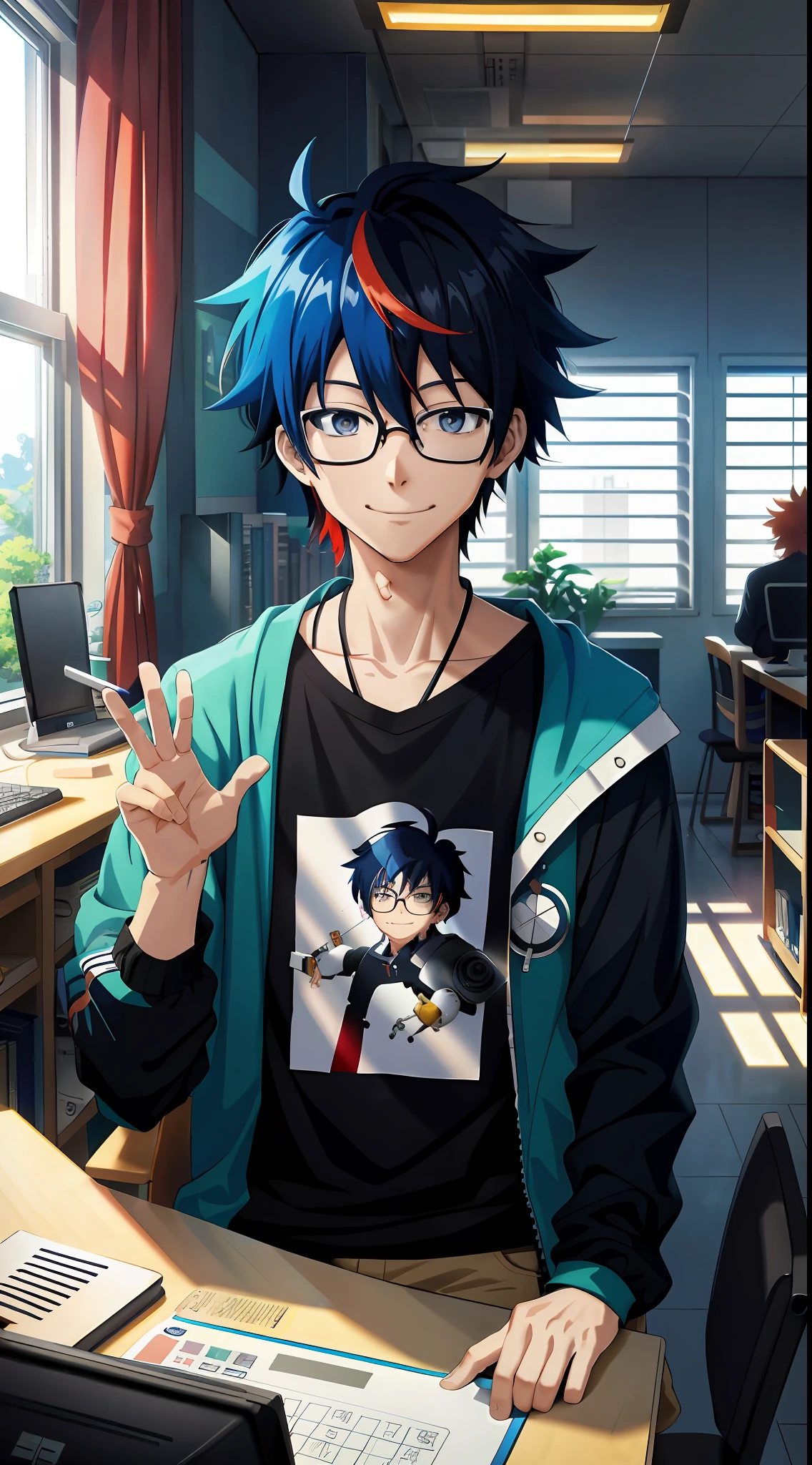 1man, Anime boy, multicolored hair, straight hair, black shirt, jacket, looking at the camera, glasses, inspired by zhong li, makoto shinkai style artwork, drawn in Anime Painter Studio, sit, library, looking at viewer, curly, smile, sunray, vivid, infront of computer
