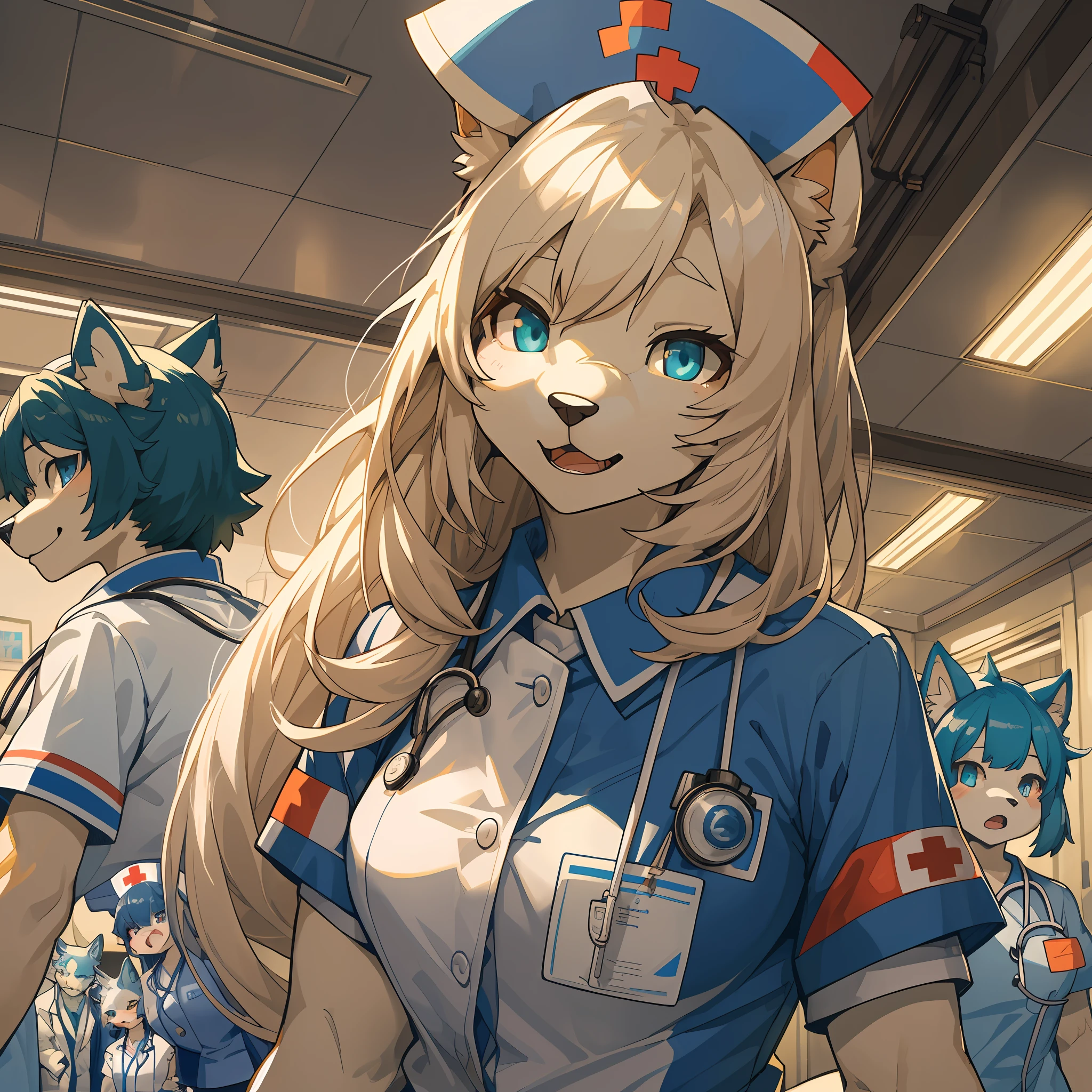top quality, best quality, High-quality illustrations, masterpiece, super high resolution, detailed background, detailed background, hospital, nurse, doctor, group shot:0.1, 6+boys, 6+girls, absurdres(highly detailed beautiful face and eyes)perfect anatomy, expression, good lighting, cinematic shadow(kemono, furry anthro),
