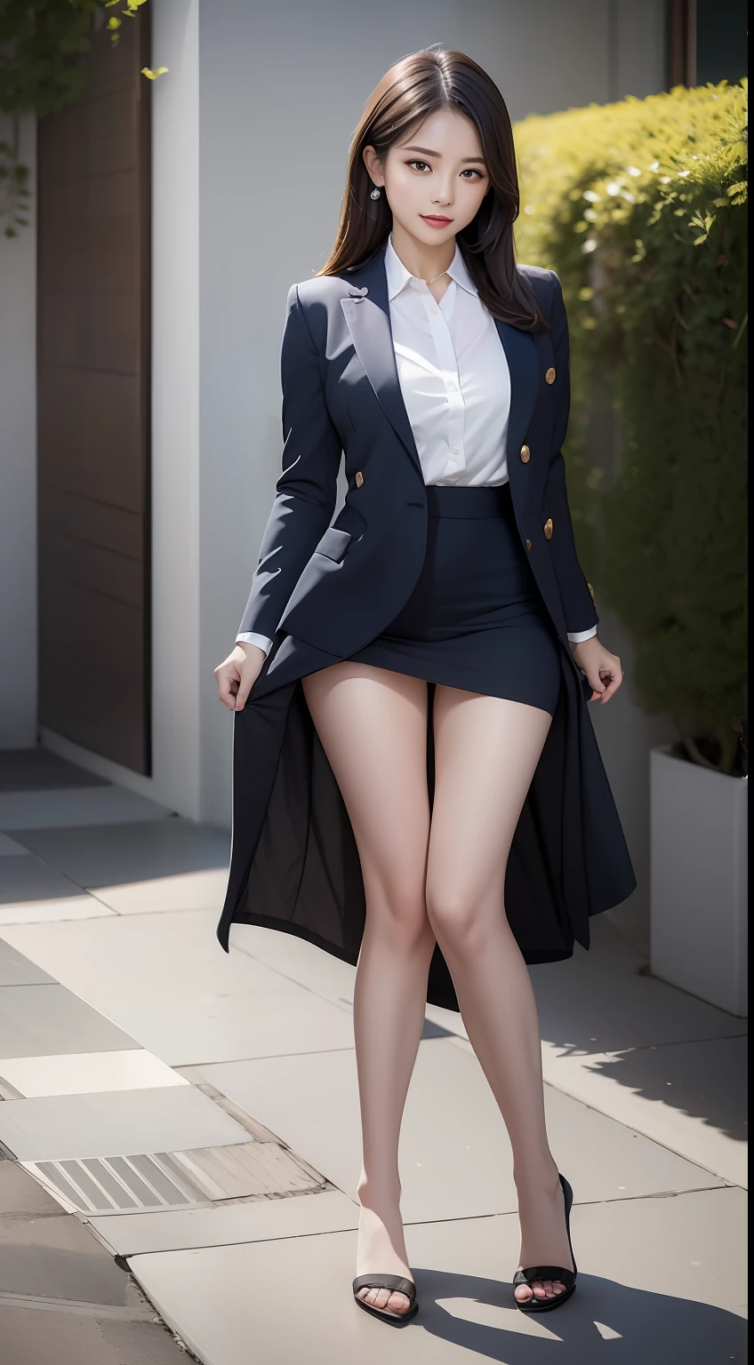 (Masterpiece:1.2), (Best quality), (Full body like:1.3) ,(Ultra detailed), (8K, Intricate), (Lens 135mm,F1.8), (Photorealistic)(Black background:1.3), Portrait photography，(dynamicposes)，Side lighting,Edges are lit,Best shadow,Area light source,Perfect anatomy,Perfect face shape,Perfect for women,First-class female body,Refines skin texture,Fine cloth pattern,Meticulous beauty,Delicate and delicate skin，highlydetailed skin，paleskin，Delicate hair，glistning skin，top Quority， realisticlying， 8K， k hd， 1 rapariga， Female pervert, (Full body like:1.3)， schools，痴女， blazer jacket， 校服，Visible nipple， with no underpants， The skirt is boldly pulled up， （legs are open）， bend the knees and open the legs， The hairstyle is slightly shorter， Open your legs by grasping your knees with your hands， Buttoned shirt flutters