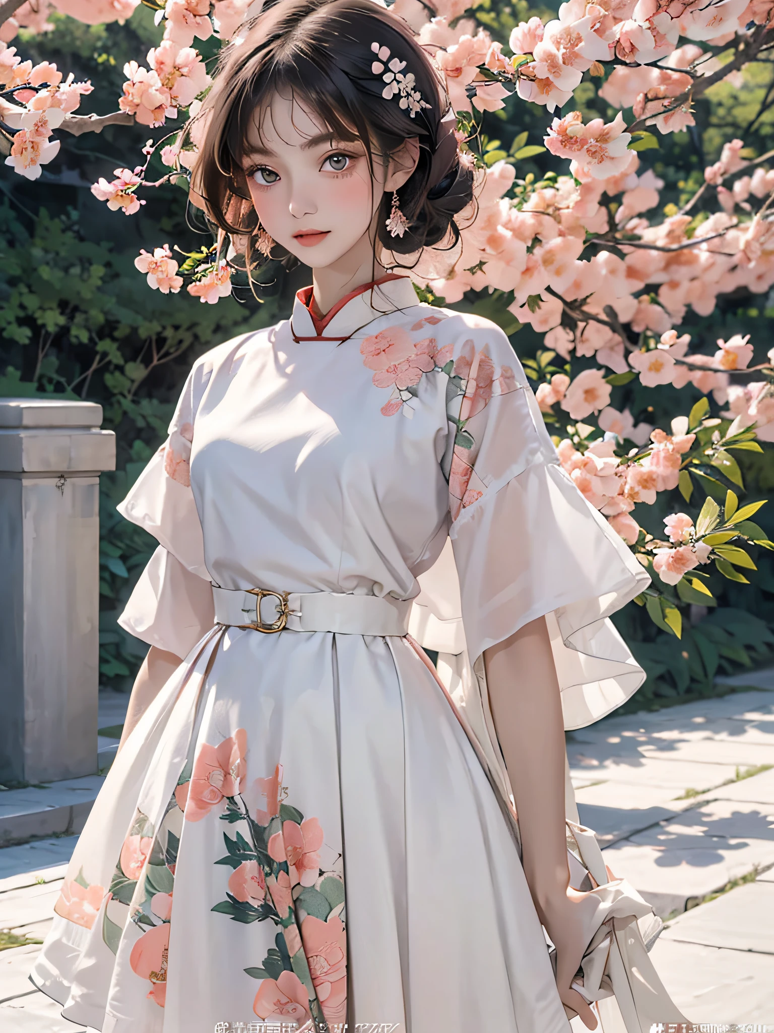There is a girl in a short green dress, plum blossoms, oriental architecture ray tracing, best quality, masterpiece, extremely detailed 8K wallpaper, colorful, intricate details, cold white skin, (meticulously portrayed blush), soft cute, messy beauty, bright and silky skin, beautiful eyes, peach blossom eyes, an extremely delicate and beautiful girl, white skirt, upper body,