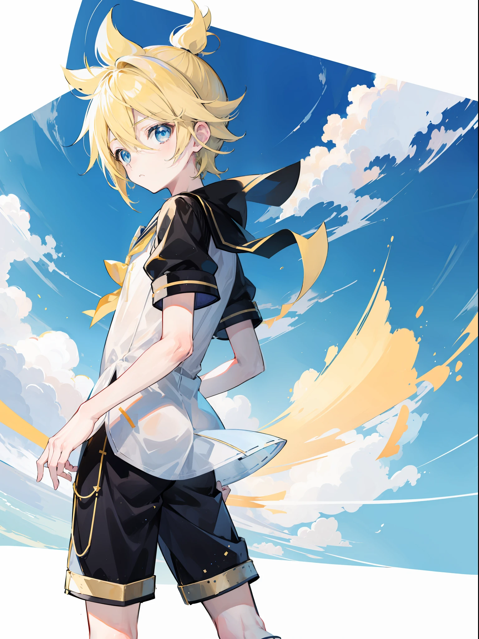 one boy, (Kagamine_Len), blue eyes, blond hair, short hair, shota, childish, cute boy, pure, innocent, sailor uniform, (black short pants), face focus, from side