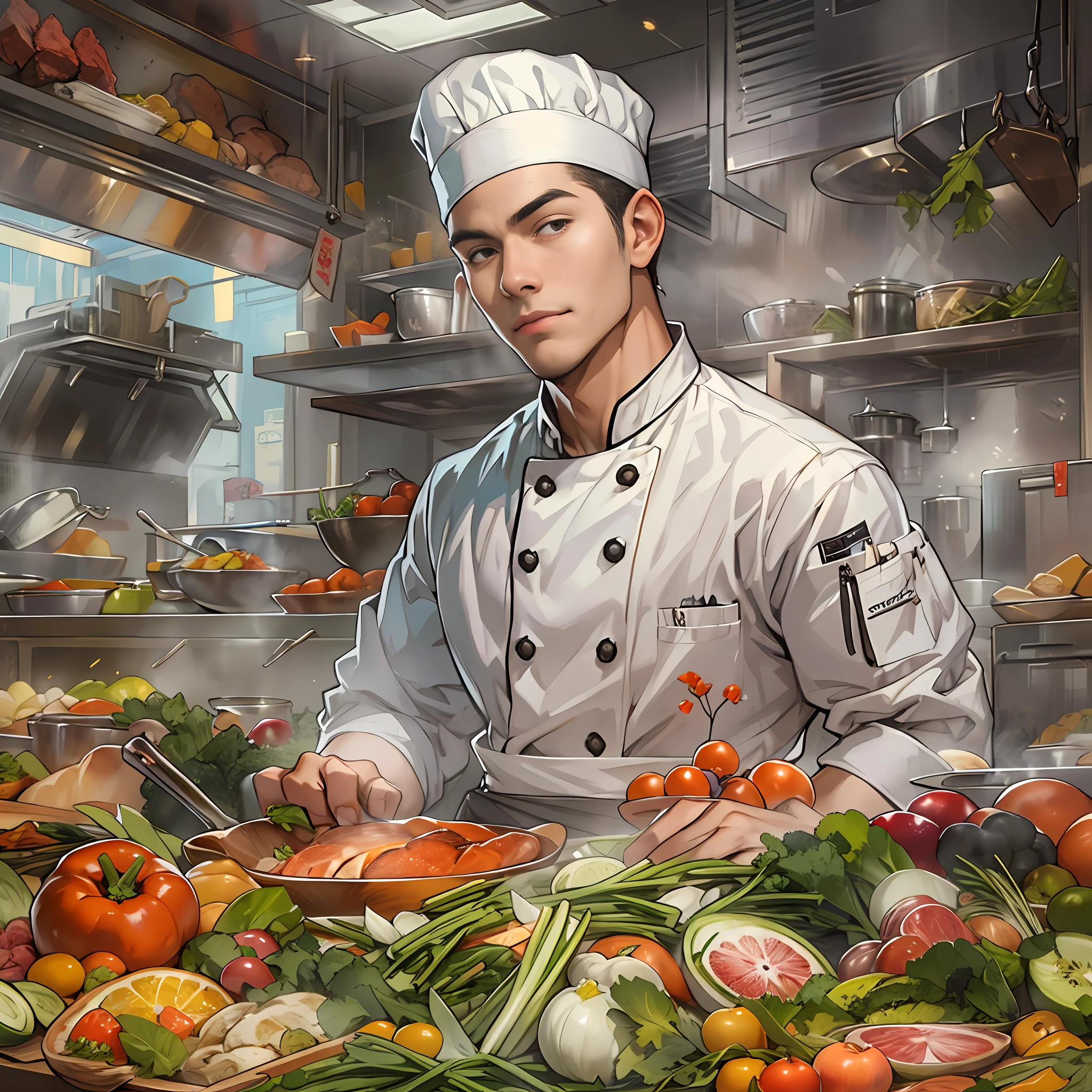 Young and handsome chef，There was a faint smile on the corner of his mouth, Hands on hips, There was confidence in his gaze. Images of various ingredients float around him, Such as vegetables, Fruits, Meat, and more.,in the style of the stars art group xing xing, 32K, Best quality, Masterpiece, Super detail, High details