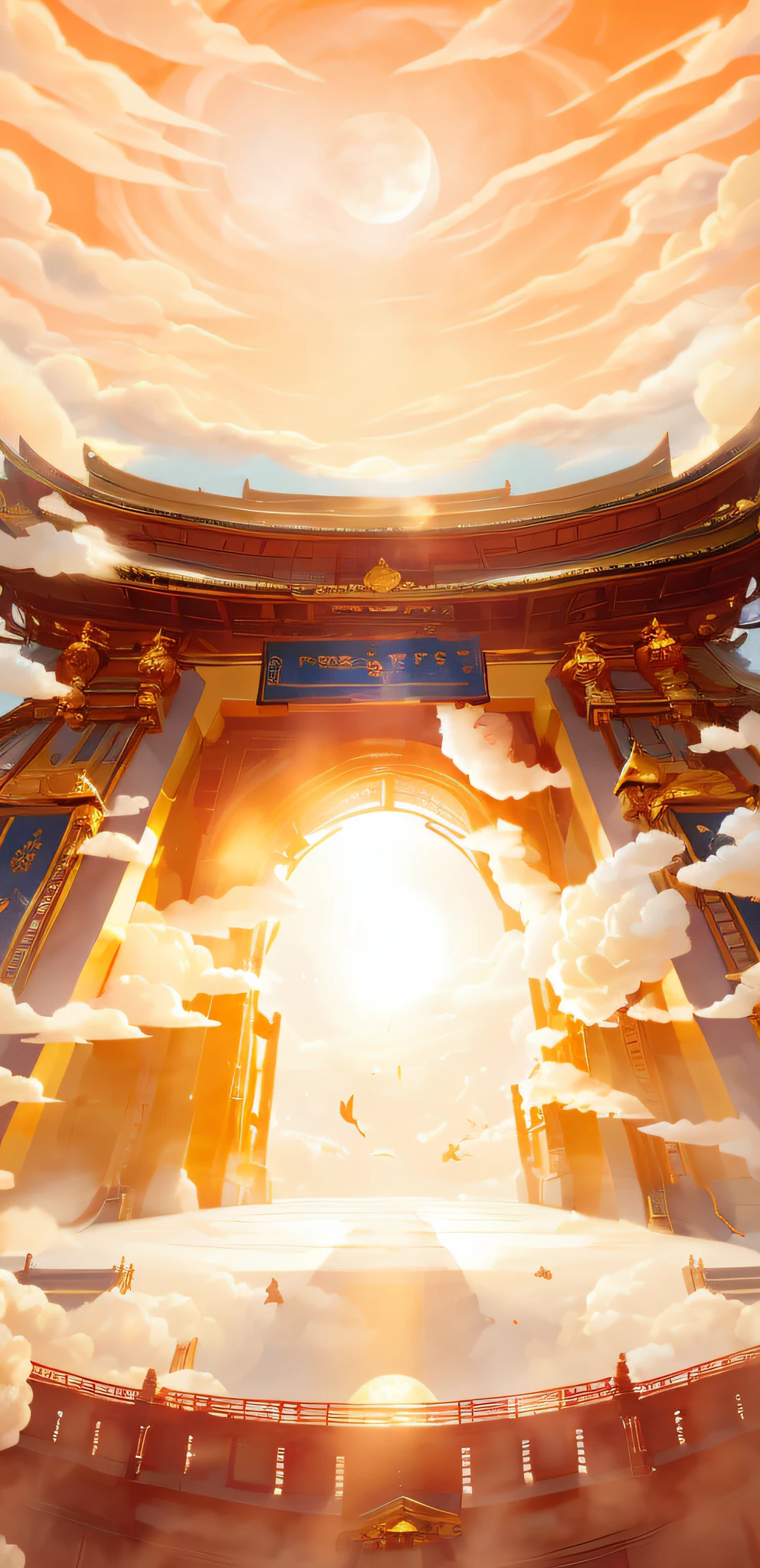 Fairy clouds，Strong perspective impact，It emits a golden glow，background moon