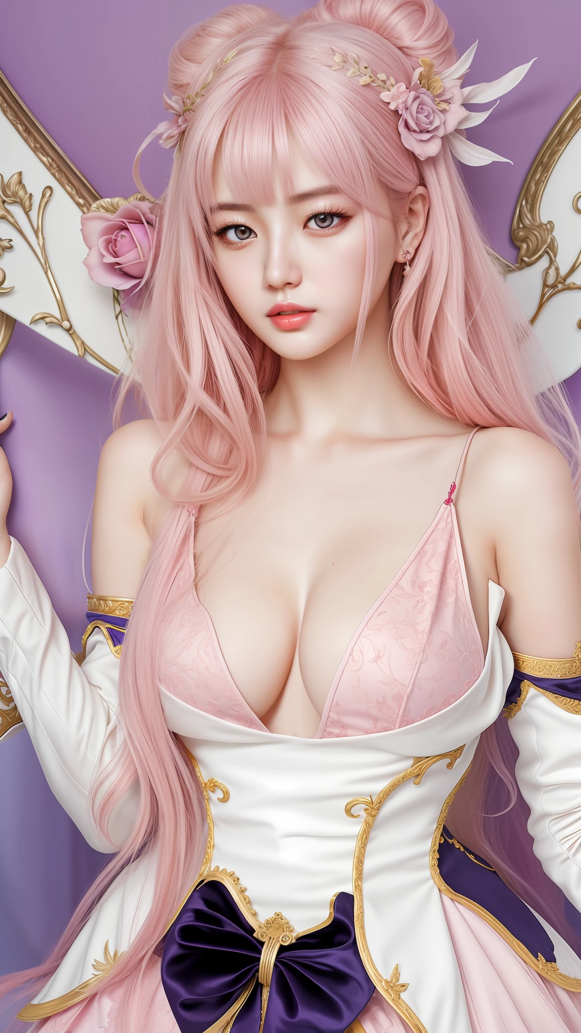 (hyperrealistic), (illustration), (high resolution), (8K), (extremely detailed), (best illustration), (beautiful detailed eyes), (best quality), (ultra-detailed), (masterpiece), (wallpaper), (photorealistic:1.4), (natural light), (rim lighting), (detailed face), high detailed realistic skin texture, anatomically correct, solo, 1 girl, (high detailed realistic long pink hair:1.25), (beautiful Rosy Zhao:1.5), (beautiful cute European girl:1.7), heterochromic eyes, (detailed purple eyes), small moles under the eyes, (big breasts:1.5), long legs, tight abs, dynamic pose,