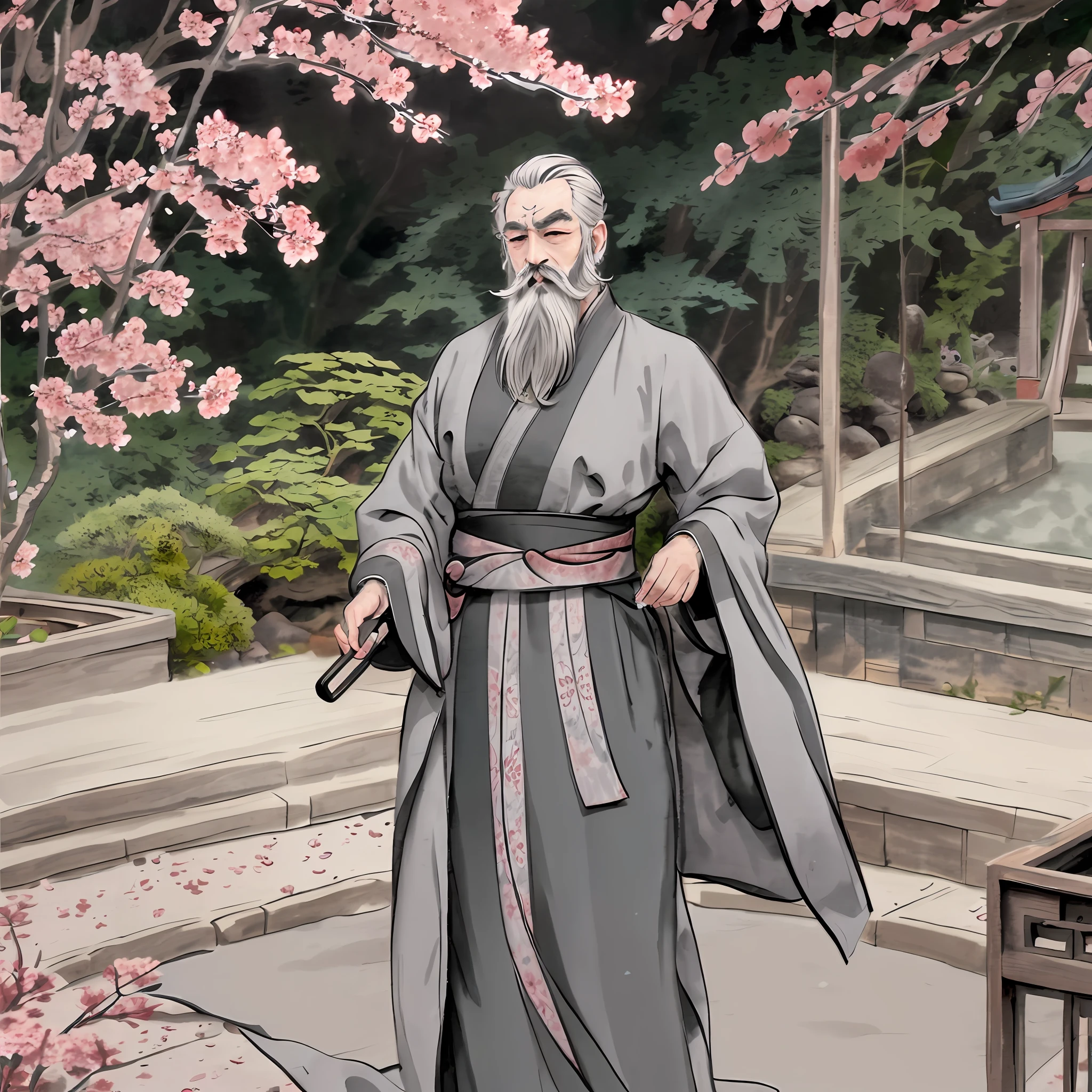 Hand holding staff, antique illustration, drop of ink, masterful illustration, old bearded Chinese master, long gray beard, clothed dress, martial arts teacher, standing, (zen garden, sakura, nature), award-winning digital art