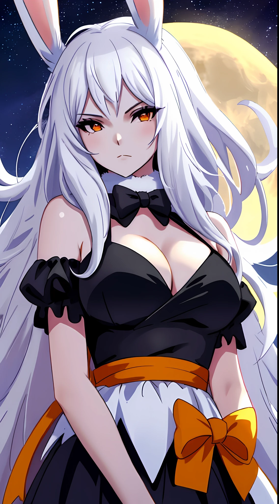 1 girl, souryuu, full moon, Bunny ears，one-girl，(white skinned:1.5)，best qualtiy，the night，galactic，starrysky，City rooftops，little breast，cleavage，Rabbit ears，scowling，face expressionless，upperbody closeup，sportrait，Close-up，HighestQuali，k hd，Perfect details，(tmasterpiece:1.3)