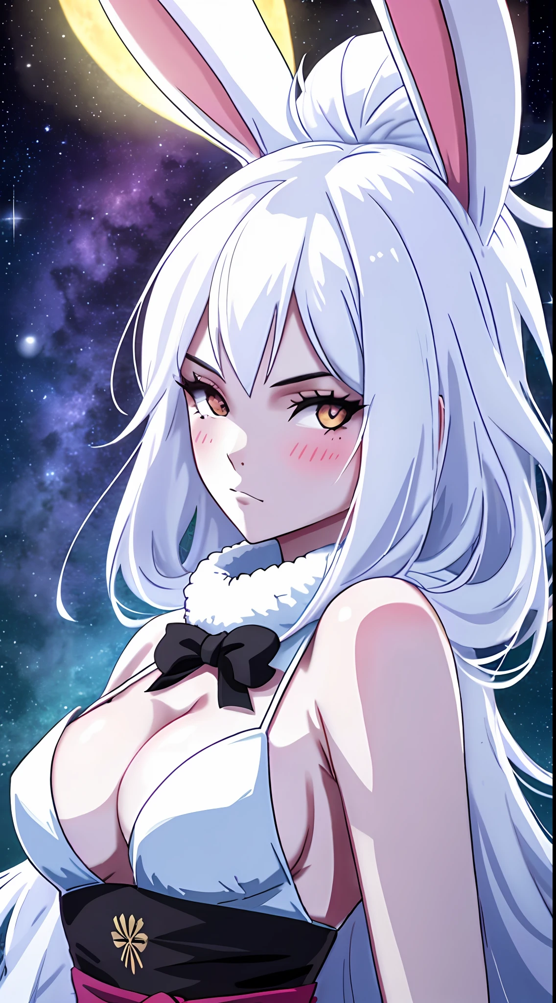1 girl, souryuu, full moon, Bunny ears，one-girl，(white skinned:1.5)，best qualtiy，the night，galactic，starrysky，City rooftops，little breast，cleavage，Rabbit ears，scowling，face expressionless，upperbody closeup，sportrait，Close-up，HighestQuali，k hd，Perfect details，(tmasterpiece:1.3)