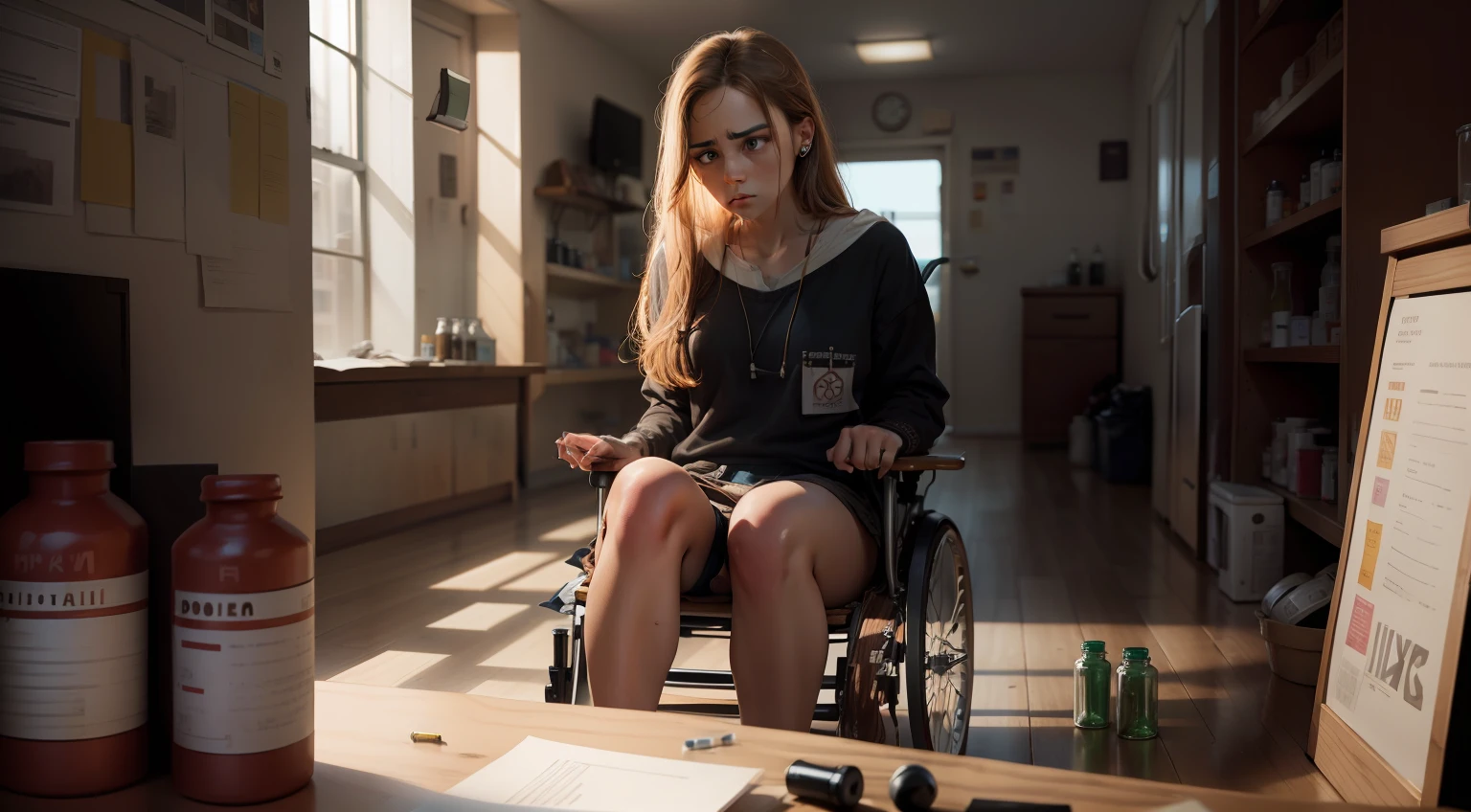 fear, concern, brown hair, pill bottle in front of her