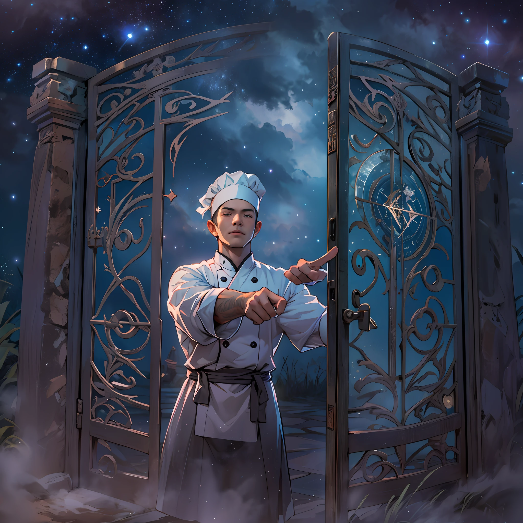 A handsome male chef stands in front of the gate to a dreamland, pointing at the runes on the door. The surroundings are filled with a mysterious atmosphere, like a starry sky and mist.,in the style of the stars art group xing xing, 32k, best quality, masterpiece, super detail, high details