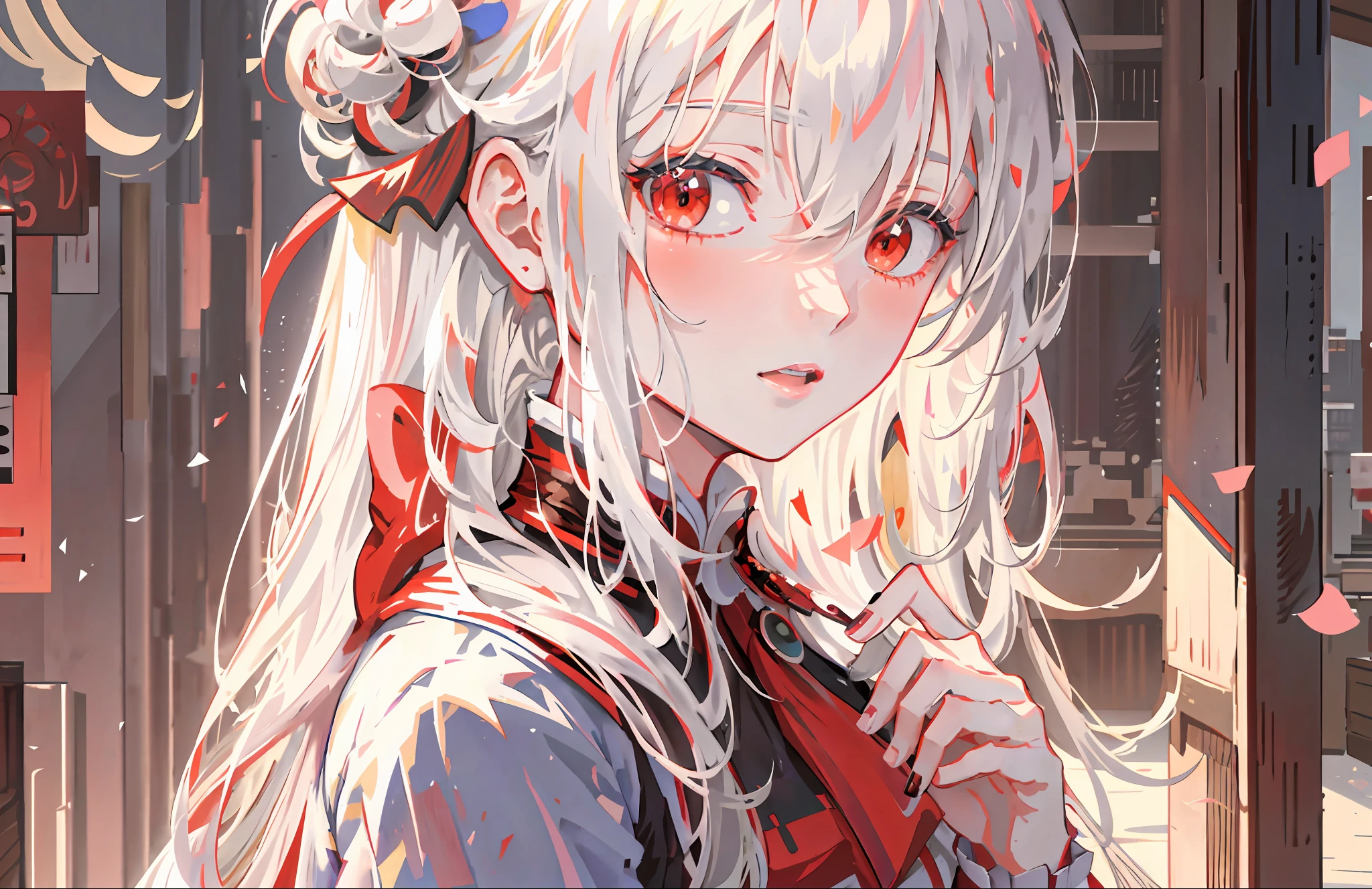 Anime girl with long white hair and red dress, Guviz, white-haired god, Kawasi, a beautiful anime portrait, Palace ， A girl in Hanfu, Guviz-style artwork, Detailed digital anime art, detailed portrait of an anime girl, Stunning anime face portrait, Girl with white hair, from girls frontline