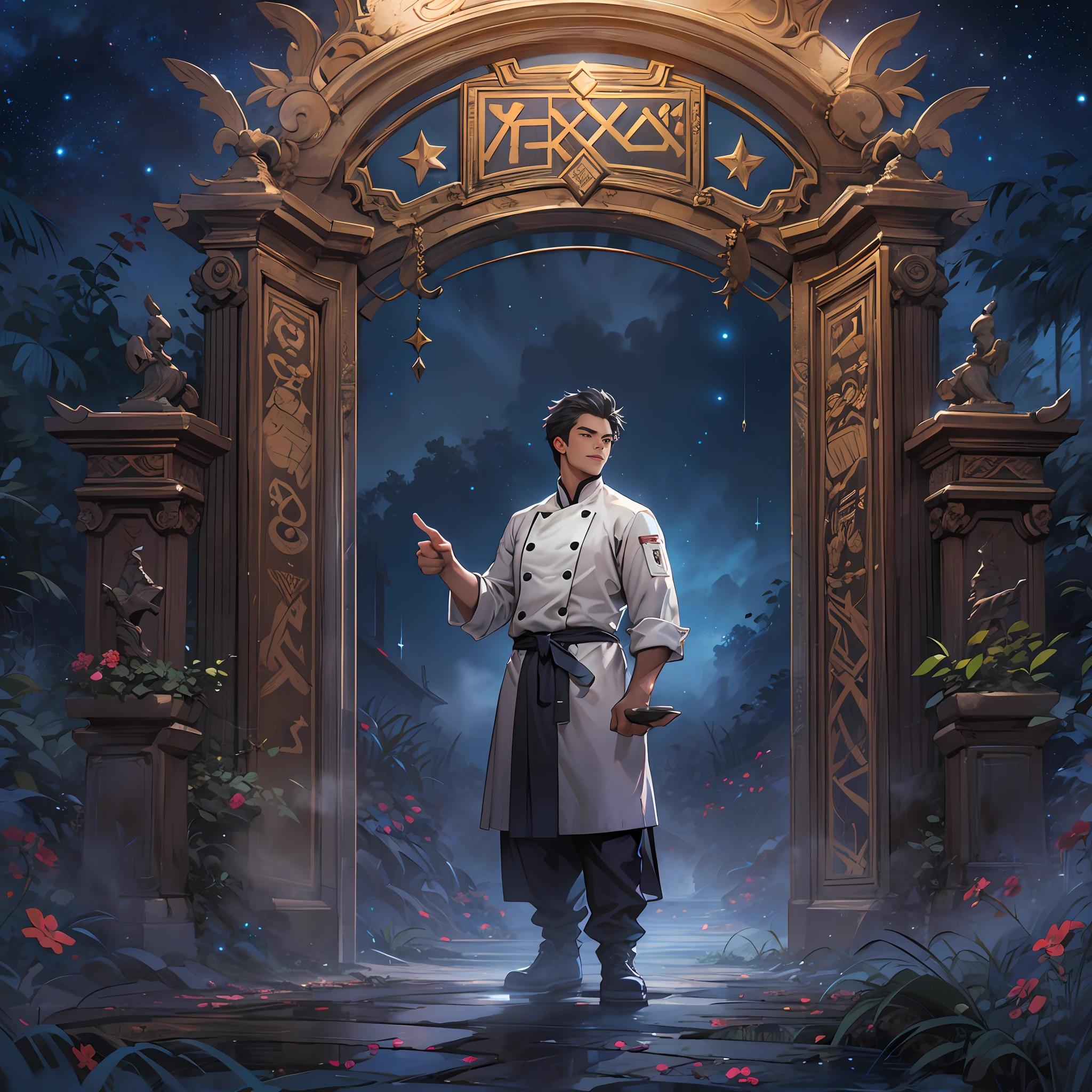 A handsome male chef stands in front of the gate to a dreamland, pointing at the runes on the door. The surroundings are filled with a mysterious atmosphere, like a starry sky and mist.,in the style of the stars art group xing xing, 32k, best quality, masterpiece, super detail, high details