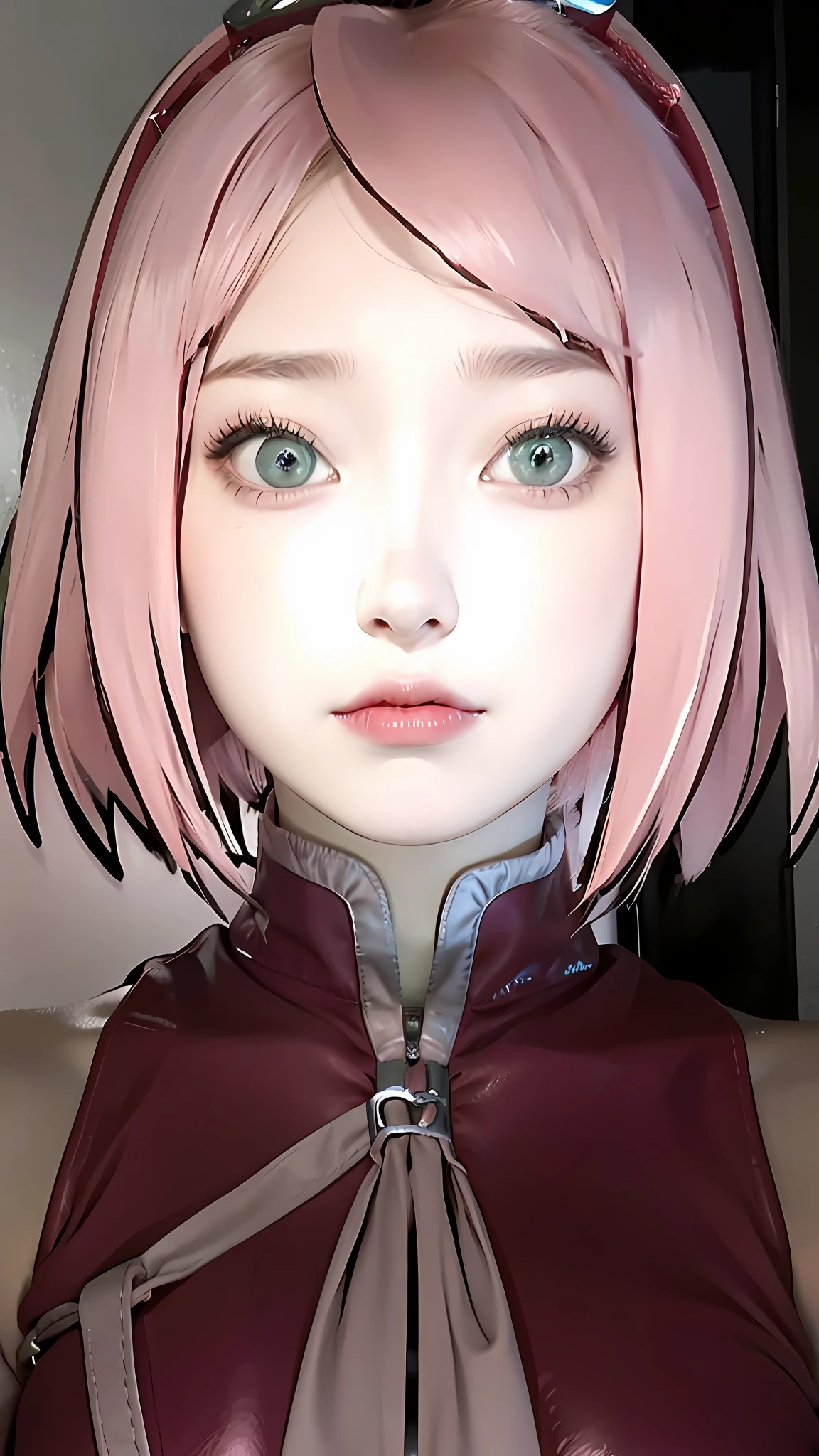 1girl, haruno sakura, pink hair, green eyes, short hair, red clothes, big breasts, realistic, ultra detail, indoor background