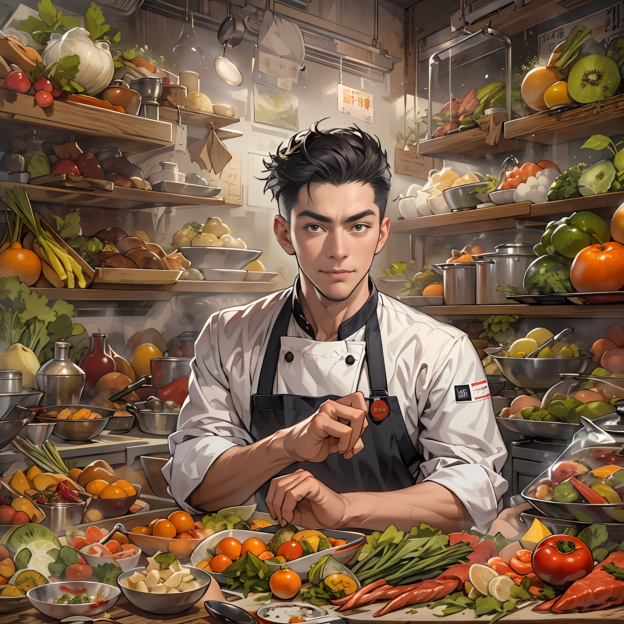 Young and handsome chef,There was a faint smile on the corner of his mouth, Hands on hips, There was confidence in his gaze. Images of various ingredients float around him, Such as vegetables, Fruits, Meat, and more.,in the style of the stars art group xing xing, 32K, Best quality, Masterpiece, Super detail, High details