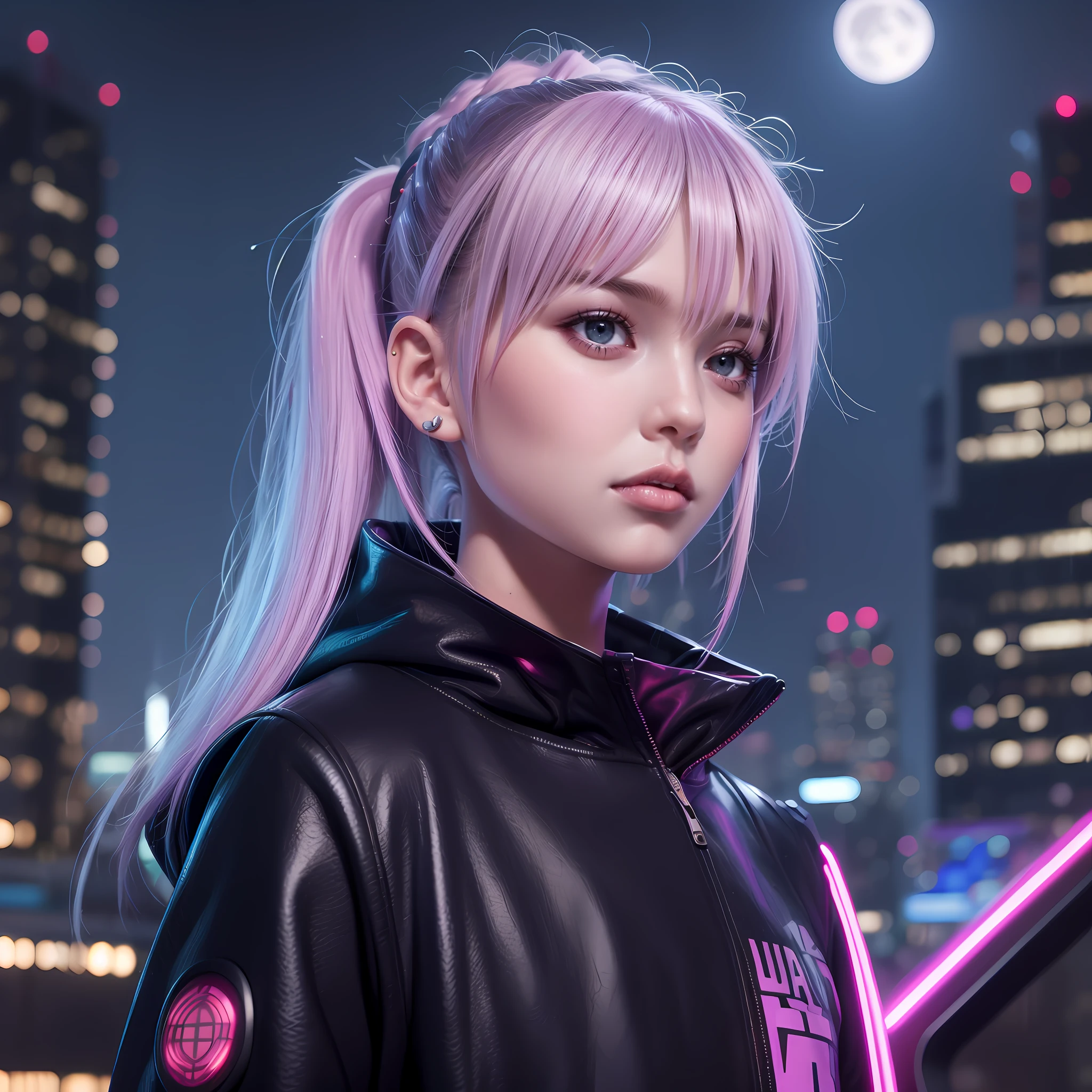 lucy \(cyberpunk\), 1girl,  hair scrunchie, hime cut, silver hair, colored tips, full moon, grey eyes, jacket, long sleeves, looking at viewer, medium hair, multicolored hair, parted bangs, parted lips, pink hair, portrait, red eyeliner, red lips, solo, white jacket, cyberpunk \(series\), rainy night in a cyberpunk city with glowing neon lights