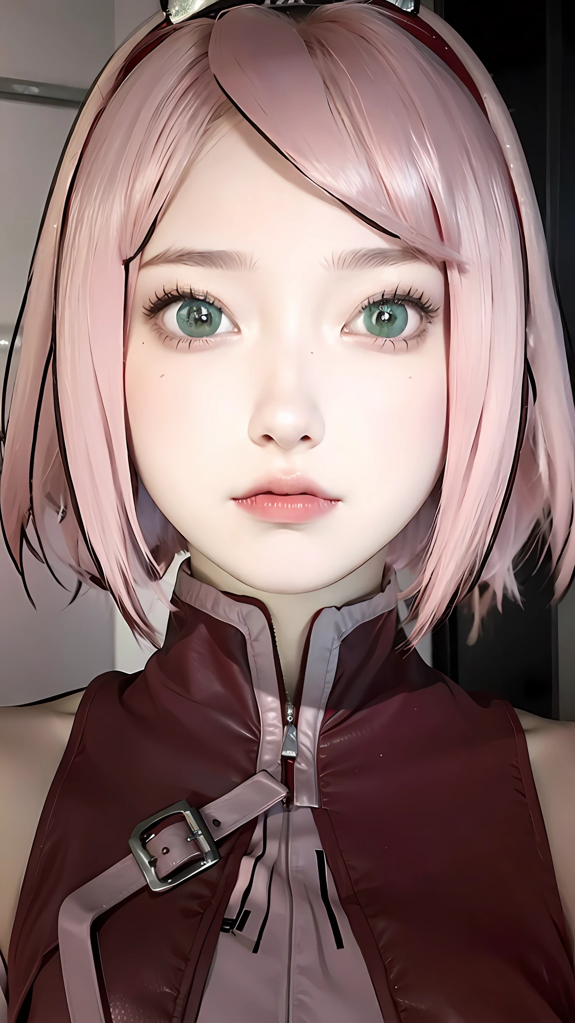 1girl, haruno sakura, pink hair, green eyes, short hair, red clothes, big breasts, realistic, ultra detail, indoor background