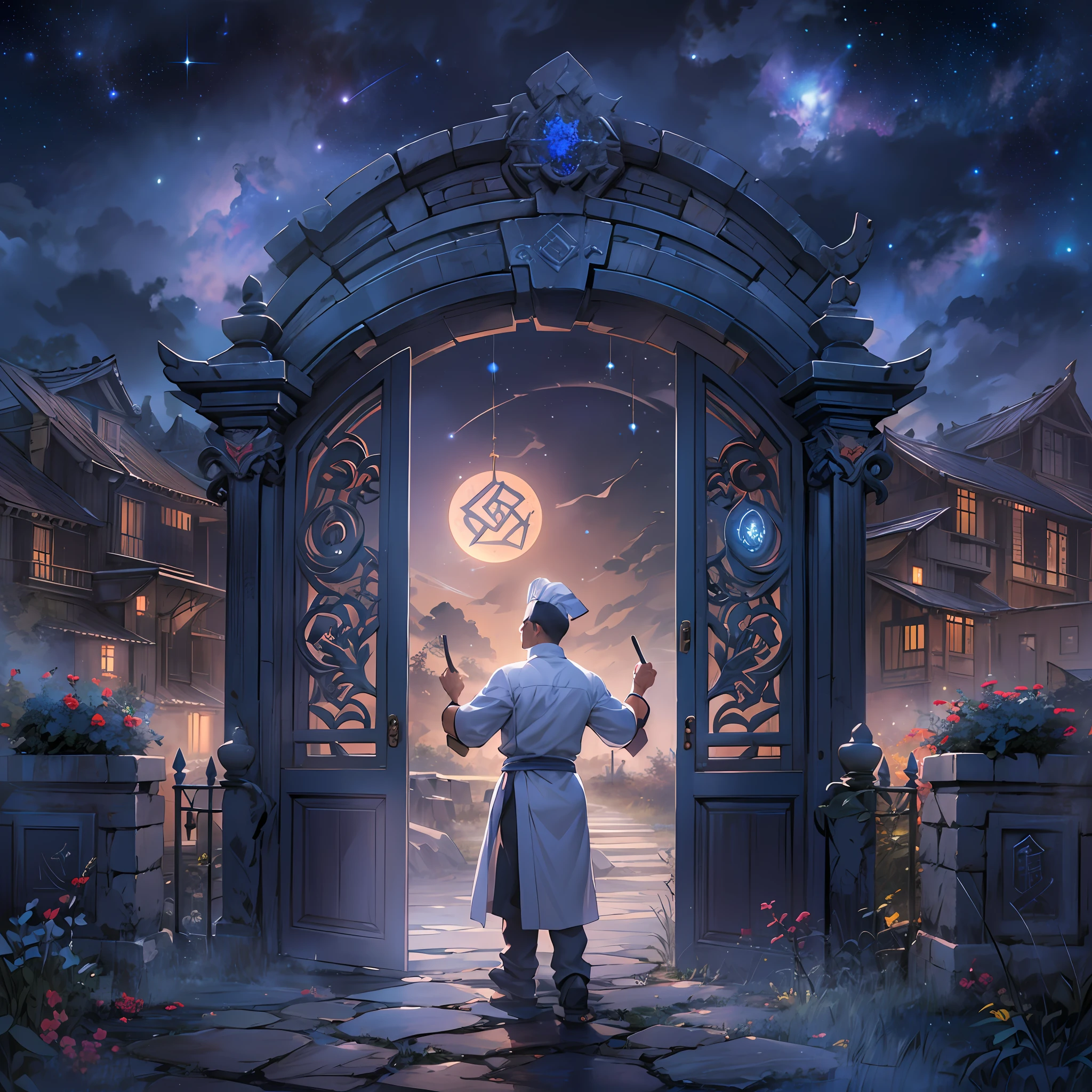 A handsome male chef stands in front of the gate to a dreamland, pointing at the runes on the door. The surroundings are filled with a mysterious atmosphere, like a starry sky and mist.,in the style of the stars art group xing xing, 32k, best quality, masterpiece, super detail, high details
