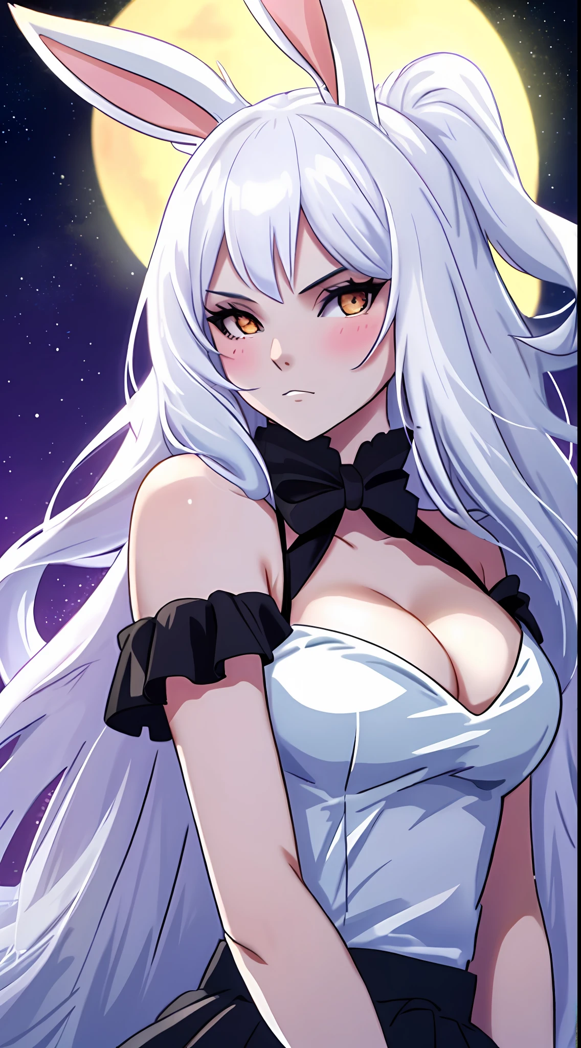 1 girl, souryuu, full moon, Bunny ears,one-girl,(white skinned:1.5),best qualtiy,the night,galactic,starrysky,City rooftops,little ,cleavat ears,scowling,face expressionless,upperbody closeup,sportrait,Close-up,HighestQuali,k hd,Perfect details,(tmasterpiece:1.3),Off-the-shoulder attire