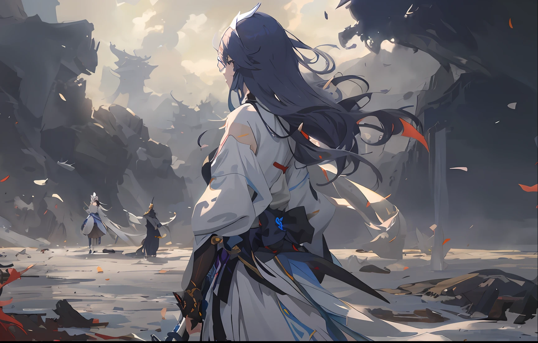 anime big breast, One in a white dress，A woman with long hair and a sword, Onmyoji detailed art, From Arknights, by Yang J, flowing hair and long robes, flowing white robe, onmyoji, Anime epic artwork, 2. 5 D CGI anime fantasy artwork, By Li Song, Keqing from Genshin Impact, Anime art wallpaper 4 K