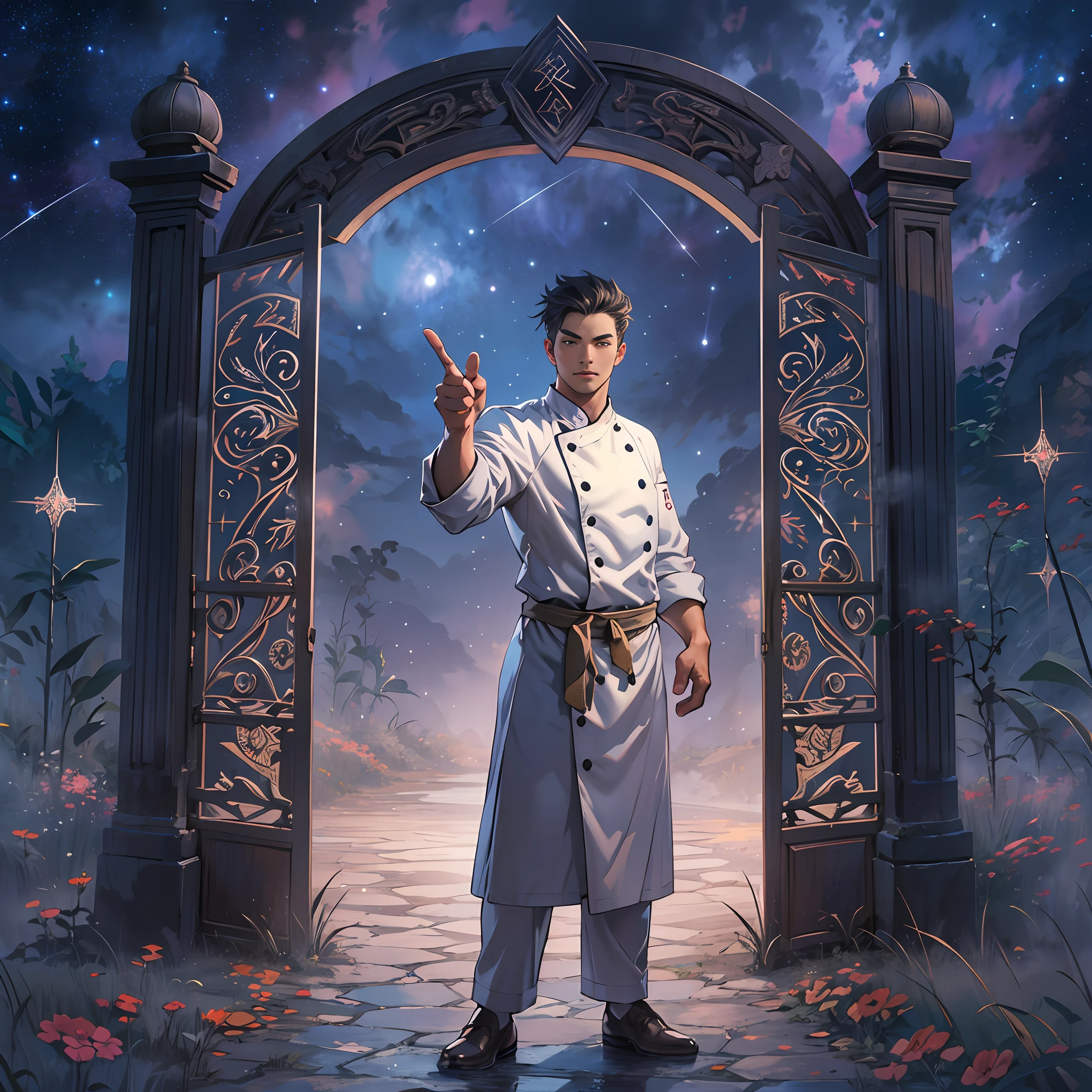 A handsome male chef stands in front of the gate to a dreamland, pointing at the runes on the door. The surroundings are filled with a mysterious atmosphere, like a starry sky and mist.,in the style of the stars art group xing xing, 32k, best quality, masterpiece, super detail, high details