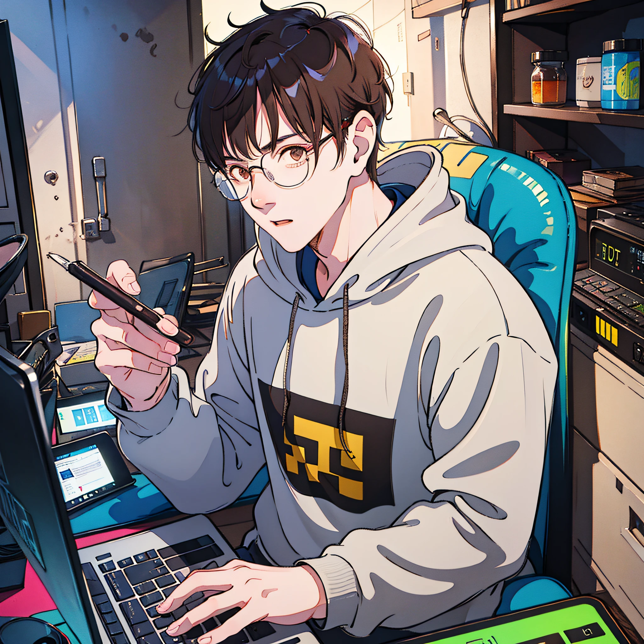 Working on a laptop、A dark-haired、brown-eyed、Adult man wearing grey hoodie sweatshirt、Mid-30s、独奏、manly、robust、Only one person、Round glasses、Medium Hair、Shearing the hair on the sides and back、colourfull、Dynamic backgrounds、element、self-assured、expresive、An majestic、moderno、Trendy、Fashionable、Looking at a computer screen