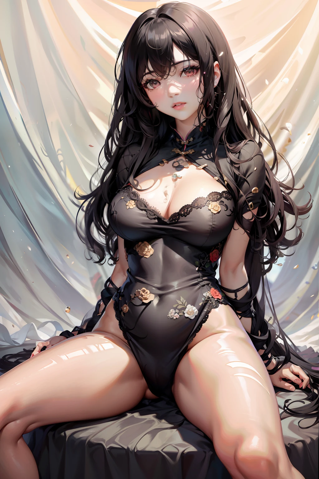 black hair, curly hair, Surrealism, high detail, bloom, 8k, super detail, UHD, textured skin，Chinese model，on cheongsam，Sit with forked legs