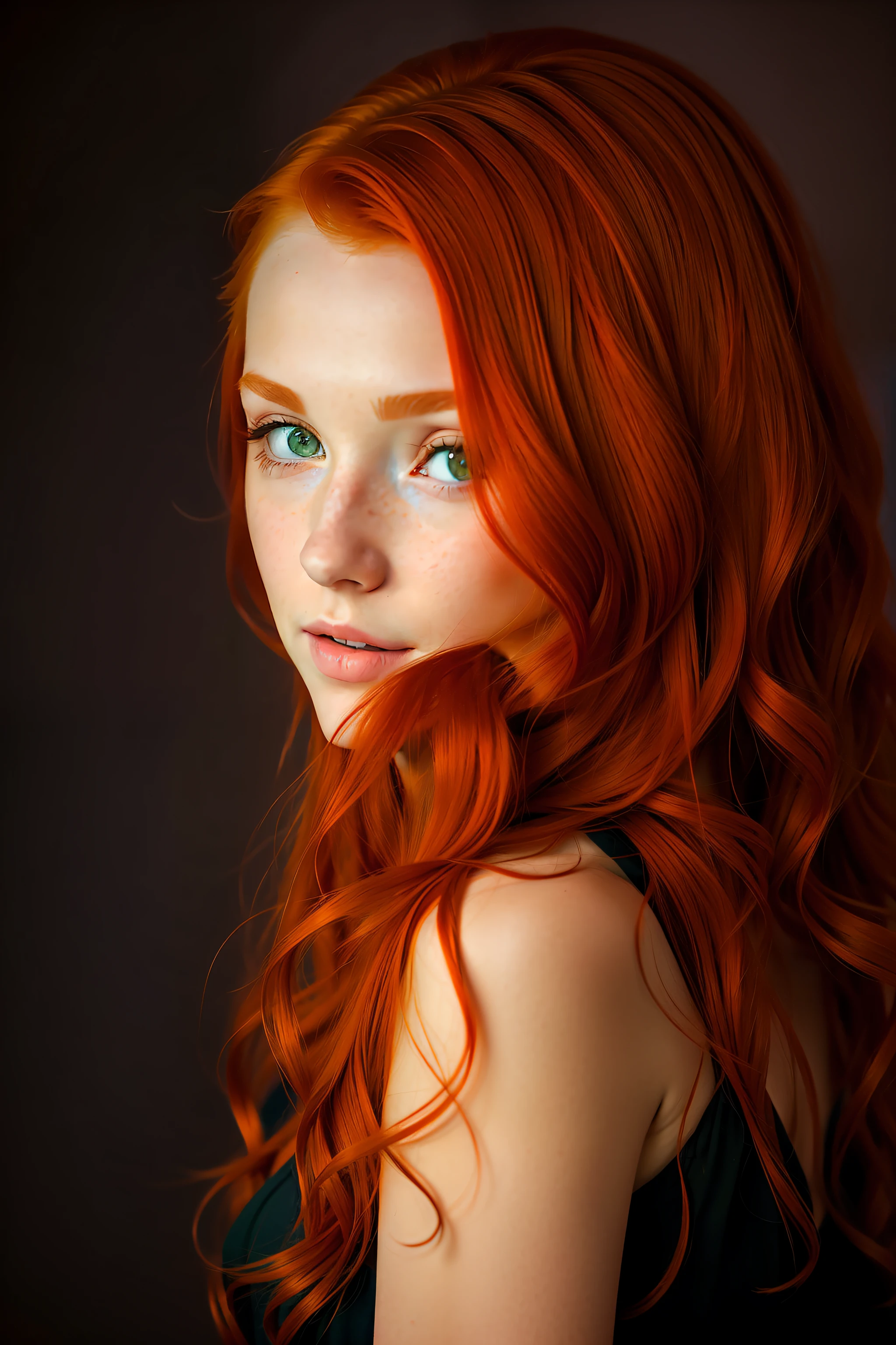 there is a woman with red hair and a black dress, with red hair and green eyes, redhead girl, cute young redhead girl, red haired girl, red head, portrait of a red haired girl, with curly red hair, gorgeous young model, beautiful portrait lighting, she is redhead, red hair girl, a redheaded young woman, flowing ginger hair, red haired goddess
