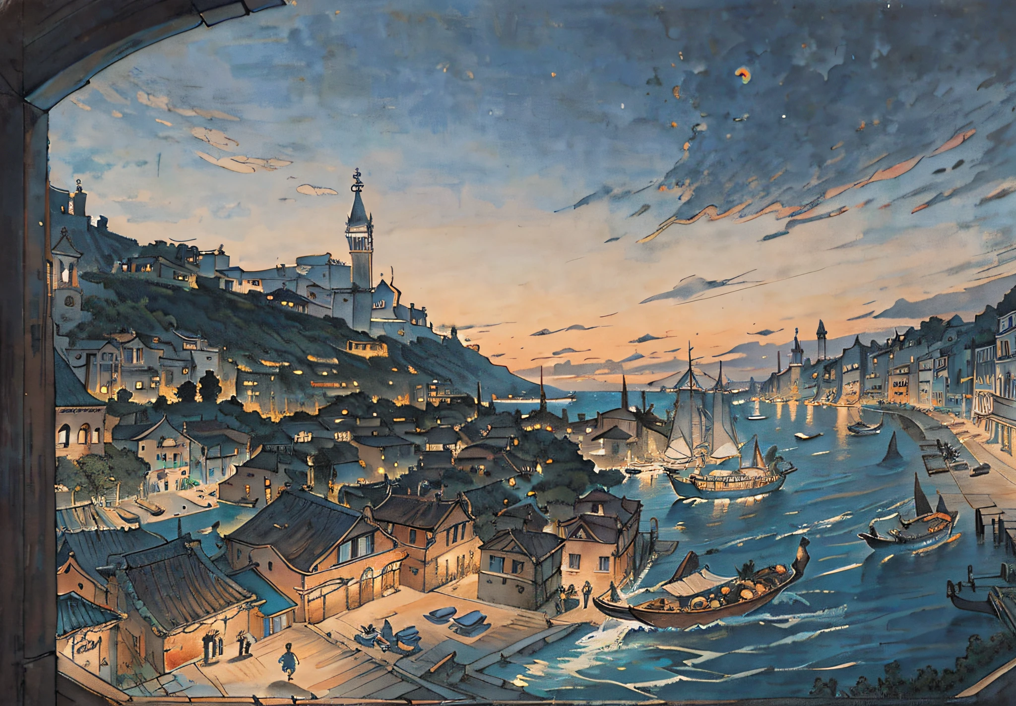 masterpiece, best quality, ultra-detailed, illustration, Mediterranean Sea, (Middle Ages), (Fantasy), venice,Port Town, Beautiful Sea, Ships, Vessels, Bazaars, Markets, (Crowds of People), Cityscapes, Rivers, Fantastic Scenery, Docks, Coasts, Ports
(novel illustration:1.3),((masterpiece, best quality)), forest, night , dark , nohuman