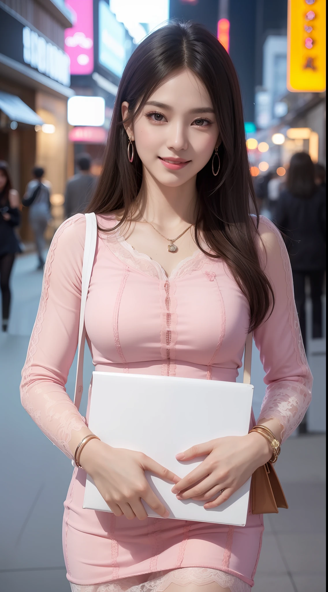 8k, masterpiece, RAW photo, best quality, photorealistic, extremely detailed CG unity 8k wallpaper, Depth of field, Cinematic Light, Lens Flare, Ray tracing, (extremely beautiful face, beautiful lips, beautiful eyes), intricate detail face, ((ultra detailed skin)) 1girl, in the dark, deep shadow, pretty korean girl, kpop idol,(very slim slender fit-muscled body:1.3), ((looking at viewer)),(big smile:1.3), (tight midi dress), (shot sleeve) , (fashion city night, (neon sign), (big building)fashion street night),(no people), vacant city, pretty korean girl, (carrying a hermes bag:1.1), white diamond earrings, dia bracelets, dia necklace, pantyhose, clear eyes, walking , front shot, (pale skin), face forward, (big eyes), ((upper body shot)), ((Laced)), ((hot pink color dress:1.3)), (looking at viewer:1.3)