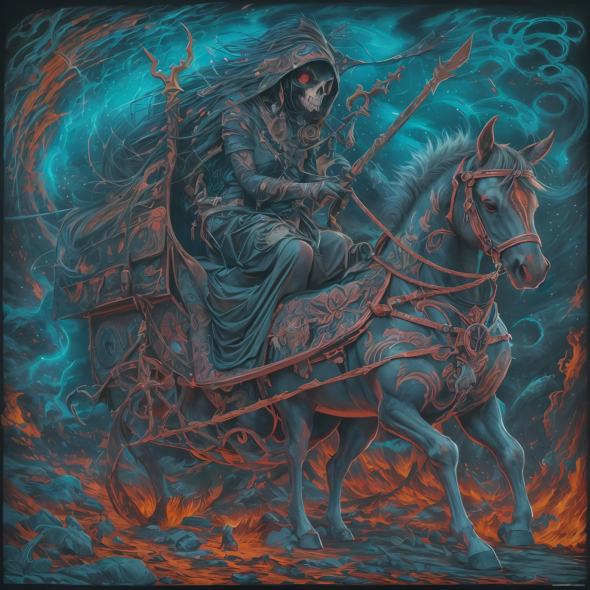 death with horror and apocalyptic atmosphere, hell's carriage with azure glowing of creature is nightmare, sit on the seat and horse, hold large spear, rich colors, visionary art, gothic style, super fine detailed texture, gel pen, black light painting, holographic render,