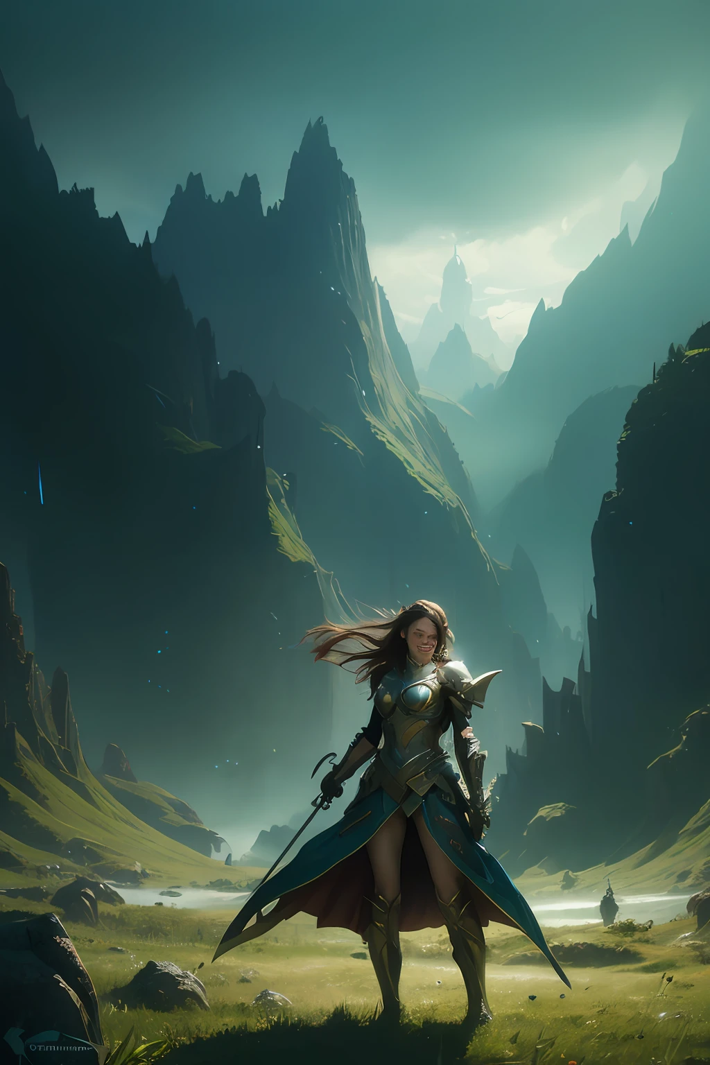 1girl, shiny armor, laughing, Subtle narrative, enigmatic atmosphere, atmospheric perspective, fluid movement, ethereal quality,solo,low fantasy,Lively Brushwork, Striking Composition, Psychedelic Imagery,