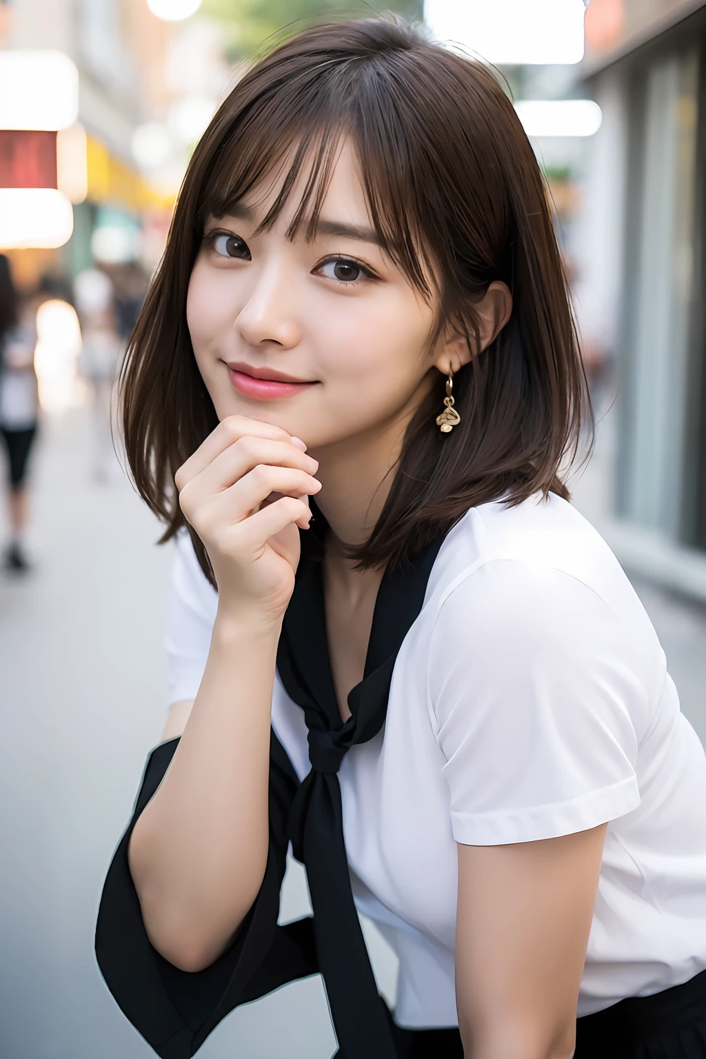 (8k, RAW photos, top quality, masterpiece: 1.2), ultra detailed, super resolution, (real, real photos: 1.37), portraits, high definition RAW color photos, professional photos, very detailed and beautiful, highly detailed, 8k wallpapers, amazing details, huge file size, official art, highly detailed CG Unity 8k wallpapers, highly detailed beautiful girls, highly detailed facesHighly detailed eyes, highly detailed skin, highly detailed fingers, highly detailed nose, highly detailed mouth, perfect anatomy, highly detailed background, highly detailed clothing, one girl, (18:1.2), teen, cute girl, famous Japan idol, cute, realistic body, petite, white skin, radiant skin, slim body, handsome body, brown hair, short curly hair, (blunt bangs: 1.2) , smile, cute, youthful, pretty face, realistic face, delicate eyes, sagging eyes, white shirt, skirt, earrings, camera gaze, cowboy shot, front-facing, standing, contrappost, high street, dynamic lighting,