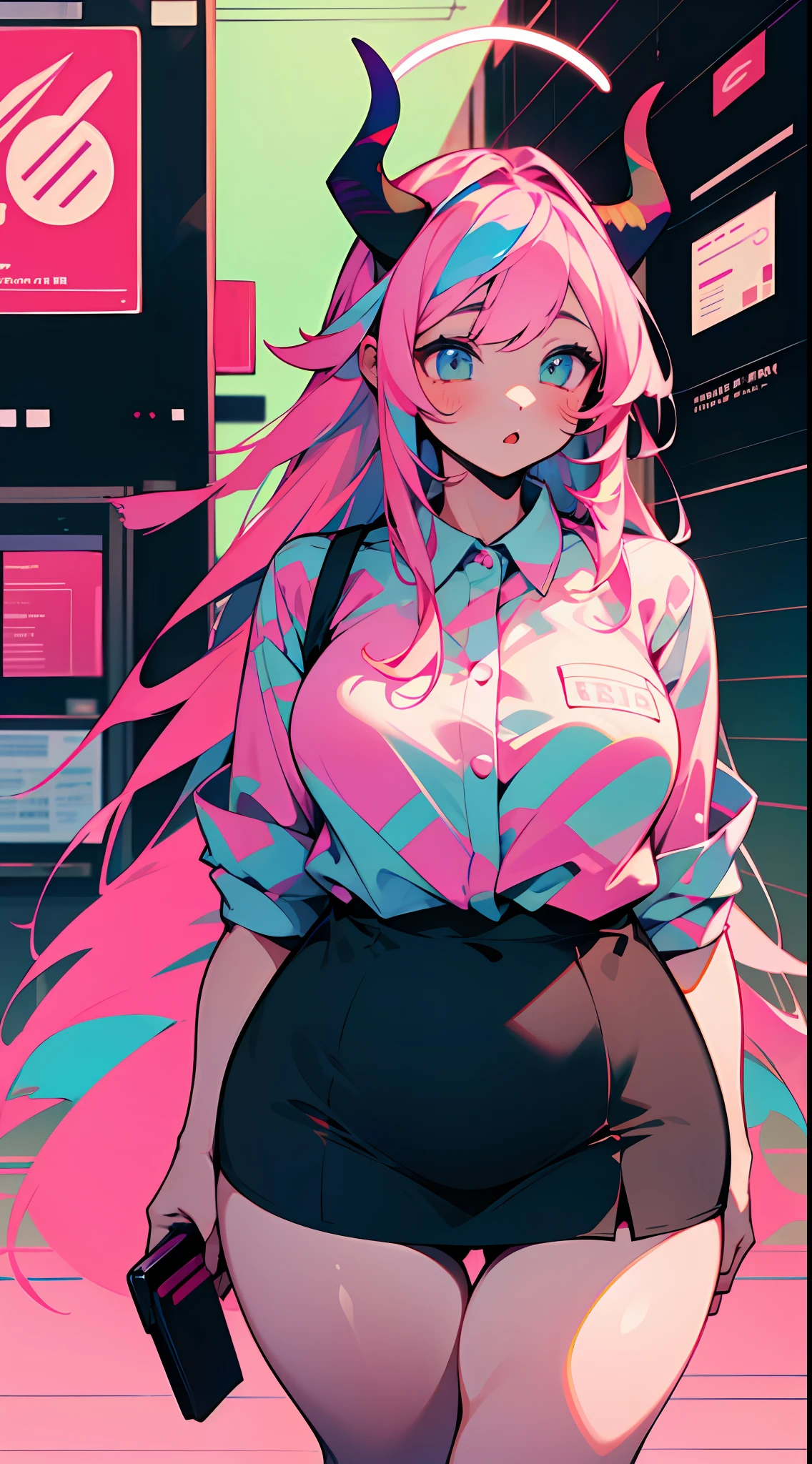 ((Masterpiece, Best)), (1girl), ((Trendy Girl)), Light Pink Hair, Halo, Horn, ((Office Lady)), Bangs, Mid-breasted, (Plump), Slim, Colorful Hair Color, Trendy Clothing, Street Culture