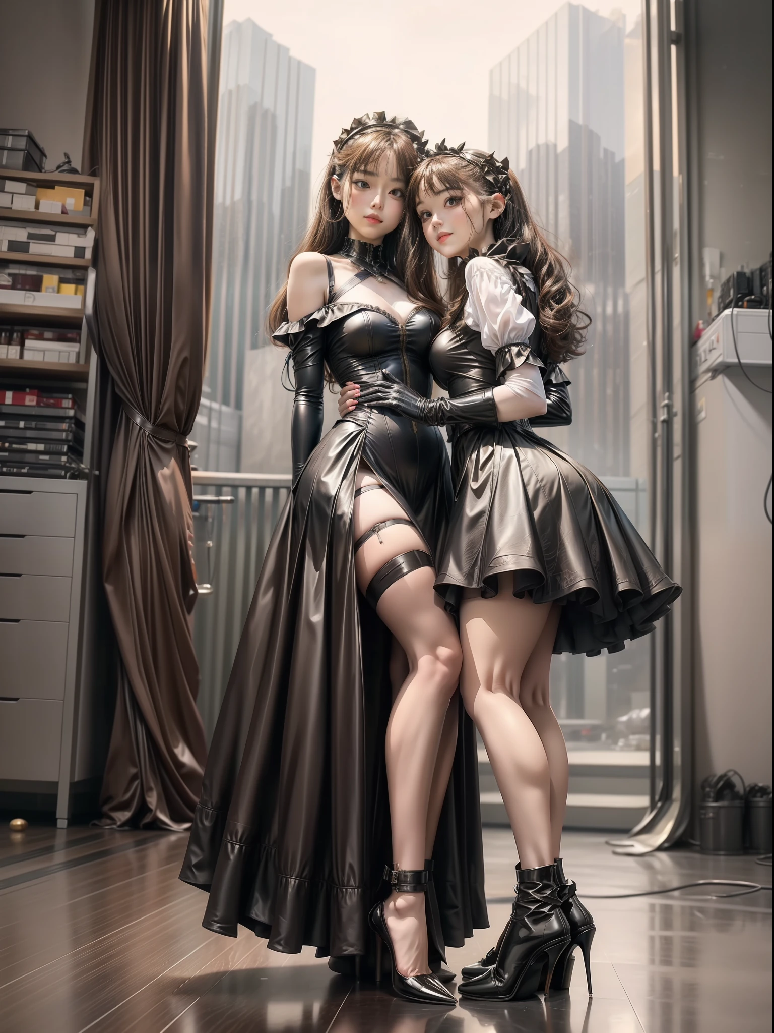 (Full body shooting :2), (Full Focus:1.3),Must show your face, anatomy correct, The characters wear Renaissance long dresses,Strangle effect,High-heeled leather shoes, anklet,leg loops,collars,Heavy makeup, A shallow laugh, Latex stockings must be worn, hyper HD, Ray traching, structurally correct, Award-Awarded, high detal, lightand shade contrast, cinmatic lighting, tmasterpiece, super detailing, high high quality, high detal, best qualityer, 16k