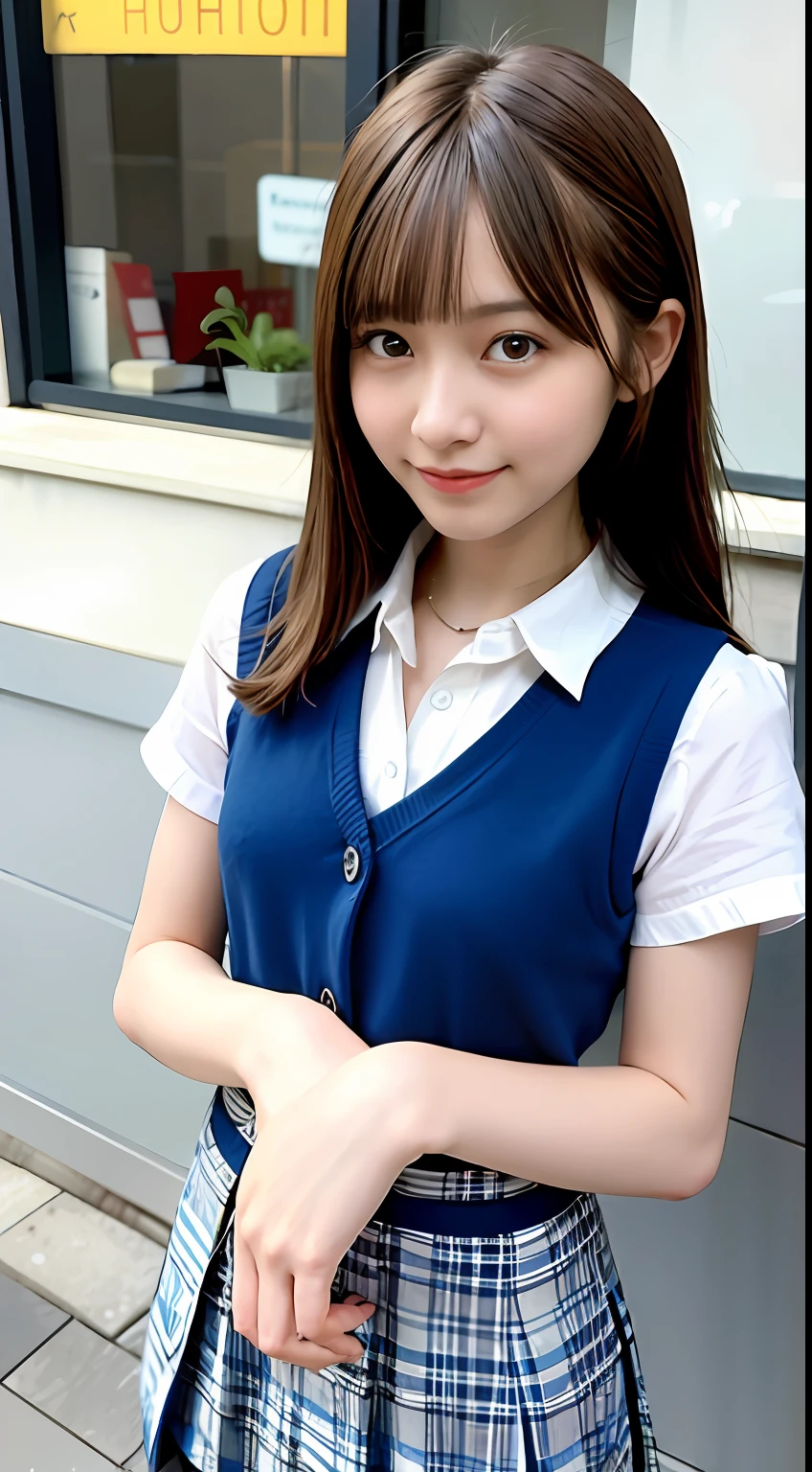(((medium hair))), best quality, 8K, HDR, highres, absurdres:1.2, blurry background, bokeh:1.2, Photography, (RAW photo:1.2), (photorealistic:1.4), (masterpiece:1.3), (intricate details:1.2), 1girl, solo, japanese girl, delicate, beautiful detailed, (detailed eyes), (detailed facial features), petite, (((small breasts))), skin tight, (looking_at_viewer), from_front, (skinny), (best quality:1.4), (ultra highres:1.2), cinema light, (extreme detailed illustration), (lipgloss, best quality, ultra highres, depth of field, caustics, Broad lighting, natural shading, 85mm, f/1.4, ISO 200, 1/160s:0.75),1girl, solo, (((blue vest))) smile, school uniform, necklace,
