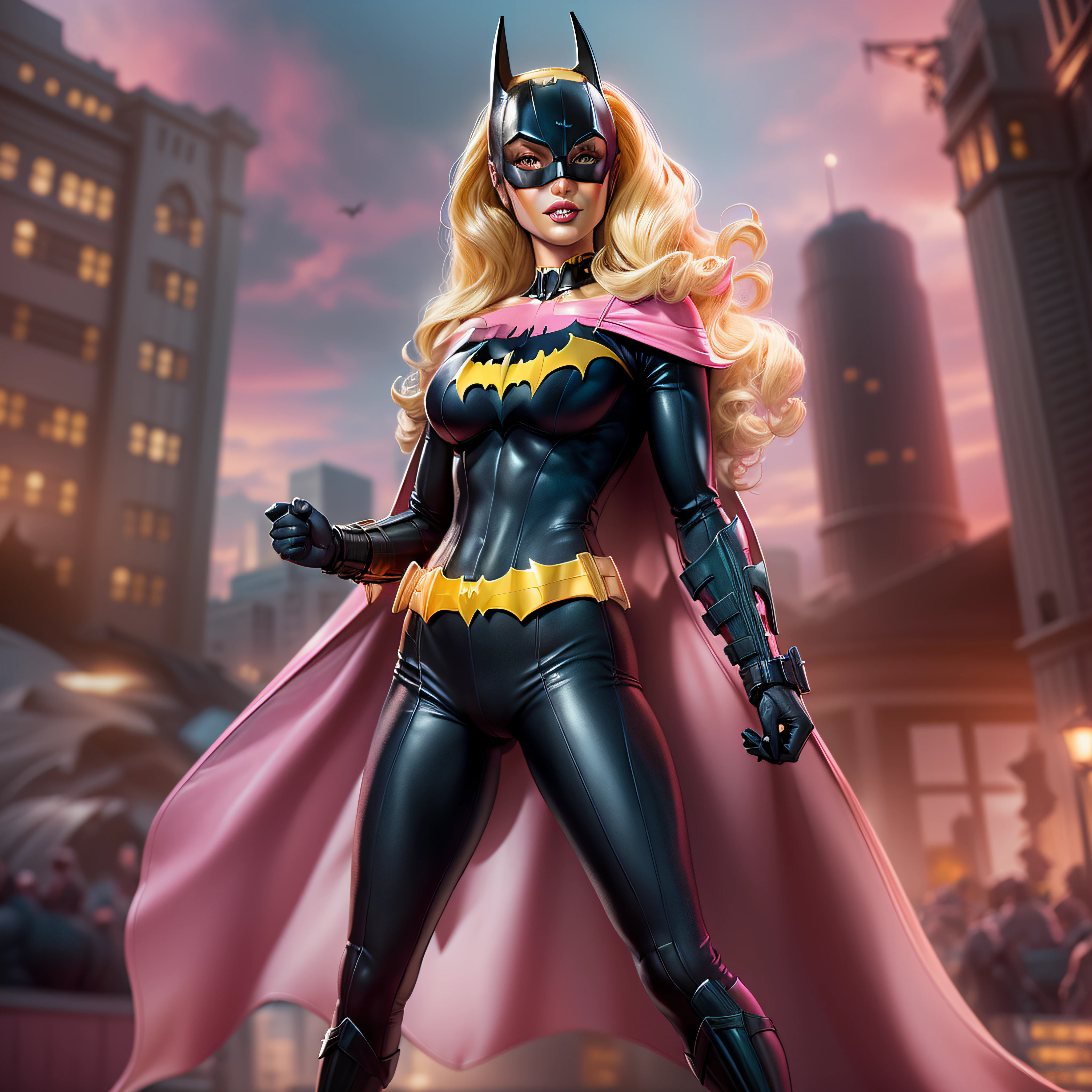 high quality, 1Woman, (((beautiful blonde american female Barbie as DC's Batgirl in black and Pink dilf))), (((blue eyes))) (((in the Watchtower)))