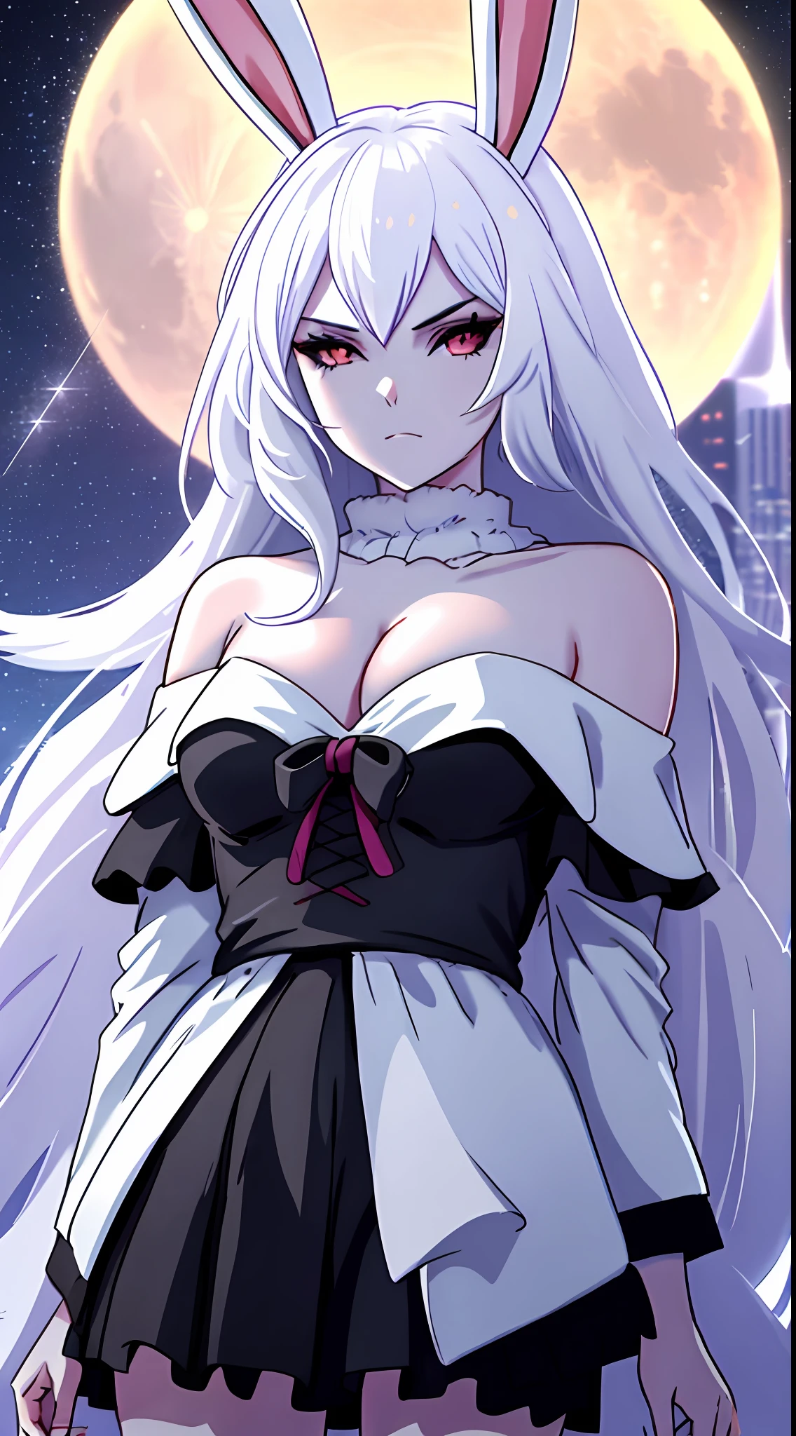 1 girl, souryuu, full moon, Bunny ears，one-girl，(white skinned:1.5)，best qualtiy，the night，galactic，starrysky，City rooftops，little breast，cleavage，Rabbit ears，scowling，face expressionless，upperbody closeup，sportrait，Close-up，HighestQuali，k hd，Perfect details，(tmasterpiece:1.3)，(Off-the-shoulder attire:1.4)