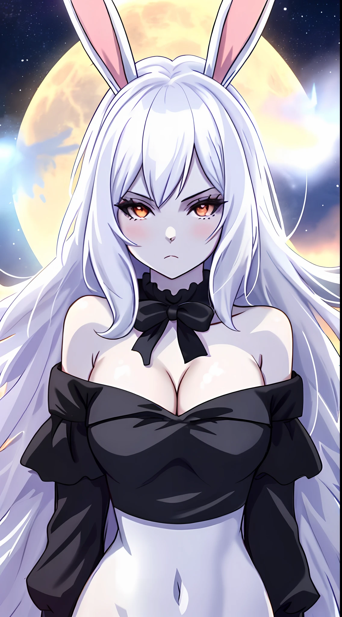 1 girl, souryuu, full moon, Bunny ears，one-girl，(white skinned:1.5)，best qualtiy，the night，galactic，starrysky，City rooftops，little breast，cleavage，Rabbit ears，scowling，face expressionless，upperbody closeup，sportrait，Close-up，HighestQuali，k hd，Perfect details，(tmasterpiece:1.3)，(Off-the-shoulder attire:1.4)