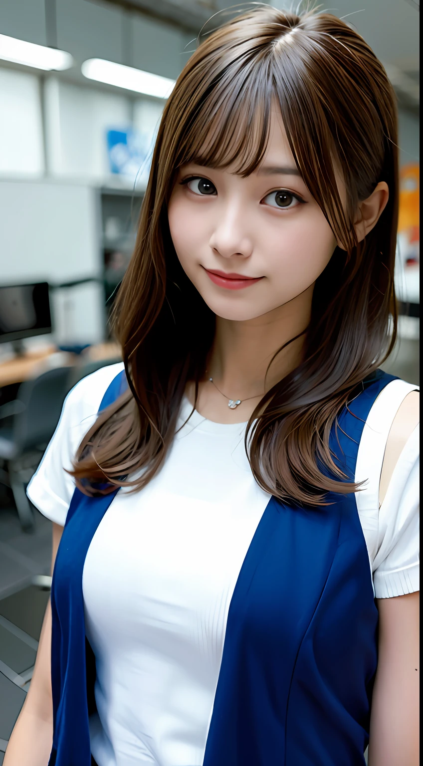 (((medium hair))), best quality, 8K, HDR, highres, absurdres:1.2, blurry background, bokeh:1.2, Photography, (RAW photo:1.2), (photorealistic:1.4), (masterpiece:1.3), (intricate details:1.2), 1girl, solo, japanese girl, delicate, beautiful detailed, (detailed eyes), (detailed facial features), petite, (((small breasts))), skin tight, (looking_at_viewer), from_front, (skinny), (best quality:1.4), (ultra highres:1.2), cinema light, (extreme detailed illustration), (lipgloss, best quality, ultra highres, depth of field, caustics, Broad lighting, natural shading, 85mm, f/1.4, ISO 200, 1/160s:0.75),1girl, solo, (((blue vest))) smile, school uniform, necklace,