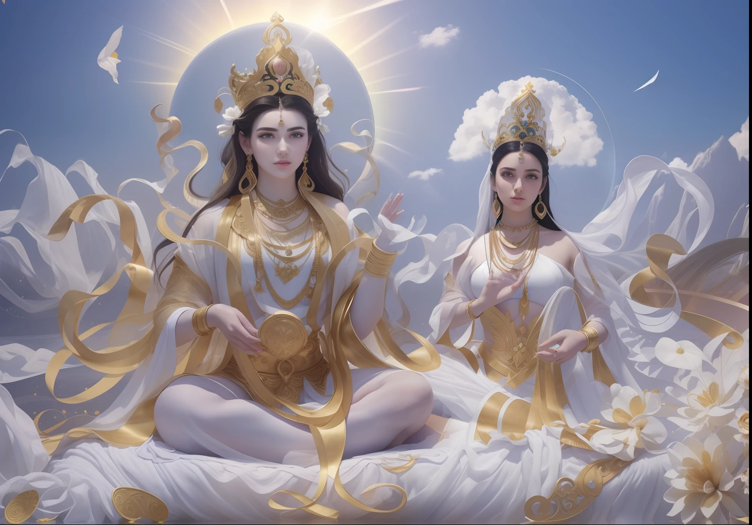 There are two people in the void,((((The man on the left))),(Long beard),Very handsome,large tall,Good looking,(Man image),(((Male pectoral muscles))),Handsome looks,Boys in white,Men's hands(Big Golden Bowl),(There are flowers in the big golden bowl),Next to the man,(((There is a beautiful goddess))),Young teenage girl,Goddess in white,Black hair,largeeyes,Bushy hair,long eyelasher,long eyebrow,Beautiful eyes sparkle,二重まぶた,Plump and rosy lips,Fair skin is delicate and smooth,Radiant skin,A delicate and ornate crown,inlaid gemstones,choker necklace,Yingluo,Fair and delicate skin,bangle,ankle bracelets,Sitting on a platform in the air,Hold the sphere with one hand,Spread the other hand out of the palm of your hand,white skinned,((Correct body structure)),White tulle garment,baiyun,Blue sky,flowing clouds,fresh flowers,(nice hand),(Good feet),(good legs),realisticlying,white skinned,no-bra,Streamers,Blowing in the wind,Kim In-ro belt,Silk skirt floating,((Correct body structure)),decorated in white,with blue sky and white clouds,Clean skies,Head background with round light,Behind the man is a faint rainbow circle,Behind the woman is a faint rainbow circle,Front lighting,No shadows on the face,Unreal space,ethereal world,dreamworld,tmasterpiece,4K,ultra-definition,professional photoshooting,