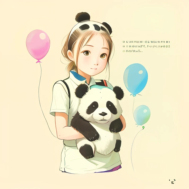 A girl holds a panda,Two ball heads
