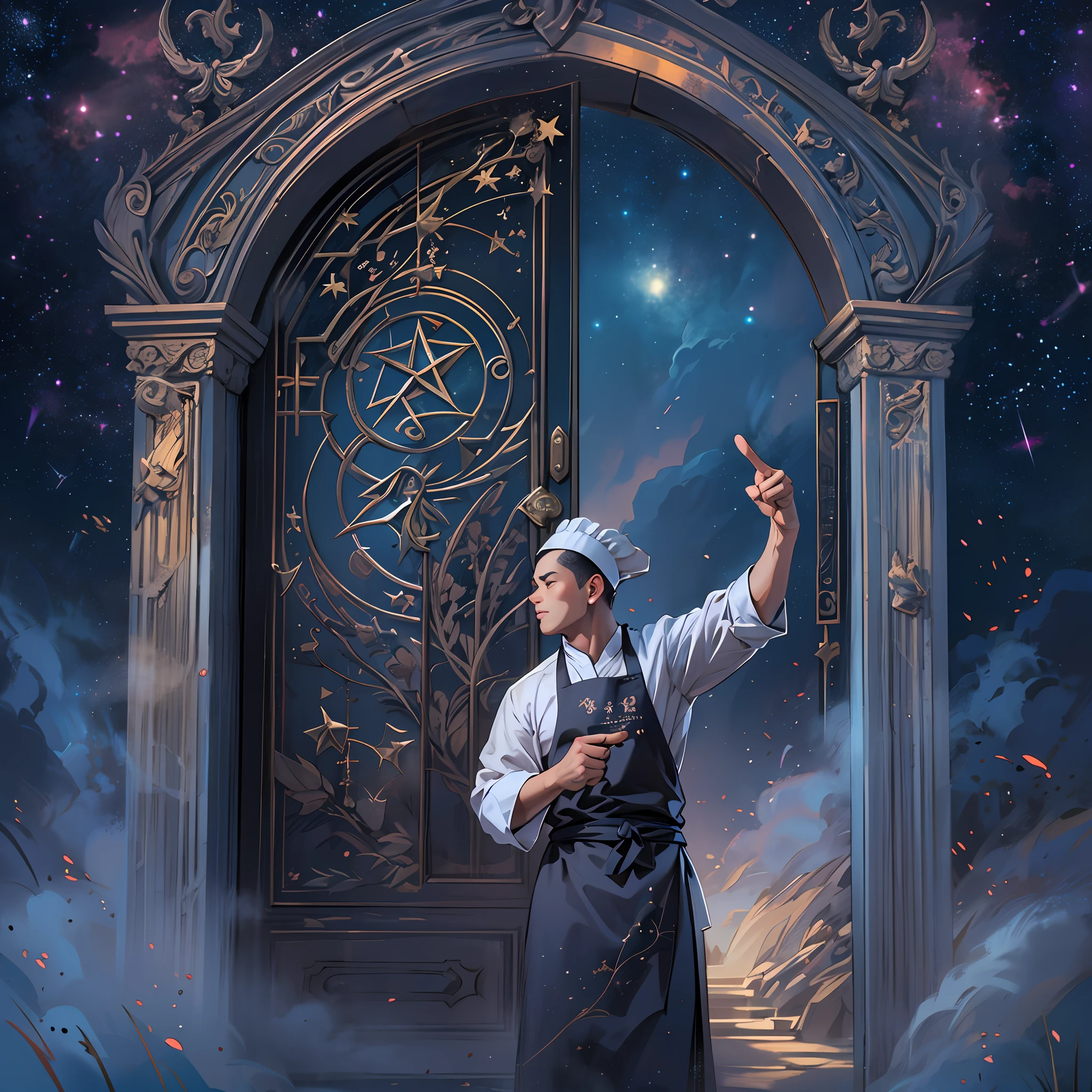 A handsome male chef stands in front of the gate to a dreamland, pointing at the runes on the door. The surroundings are filled with a mysterious atmosphere, like a starry sky and mist.,in the style of the stars art group xing xing, 32k, best quality, masterpiece, super detail, high details