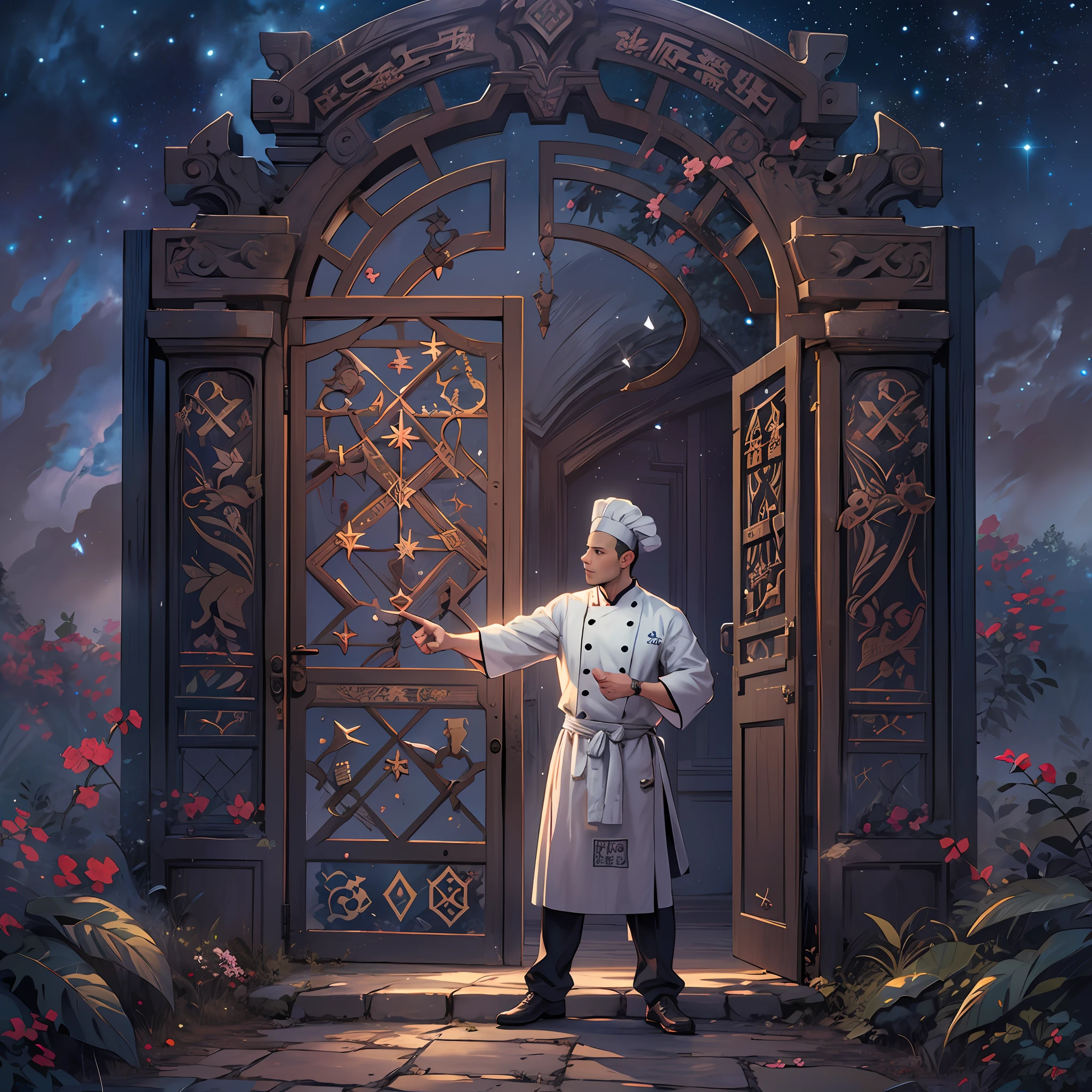 A handsome male chef stands in front of the gate to a dreamland, pointing at the runes on the door. The surroundings are filled with a mysterious atmosphere, like a starry sky and mist.,in the style of the stars art group xing xing, 32k, best quality, masterpiece, super detail, high details