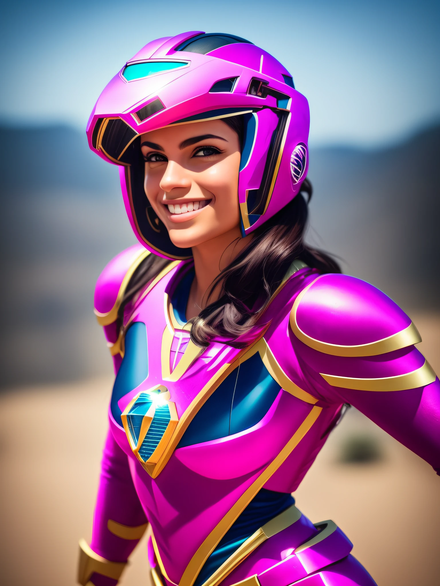 uma mulher, ((Power Ranger Rosa)), 8k UHD, DSLR, grain of film, fotorrealista, foco nítido, posing for camera, Auto retrato de rosto, smiling at camera.