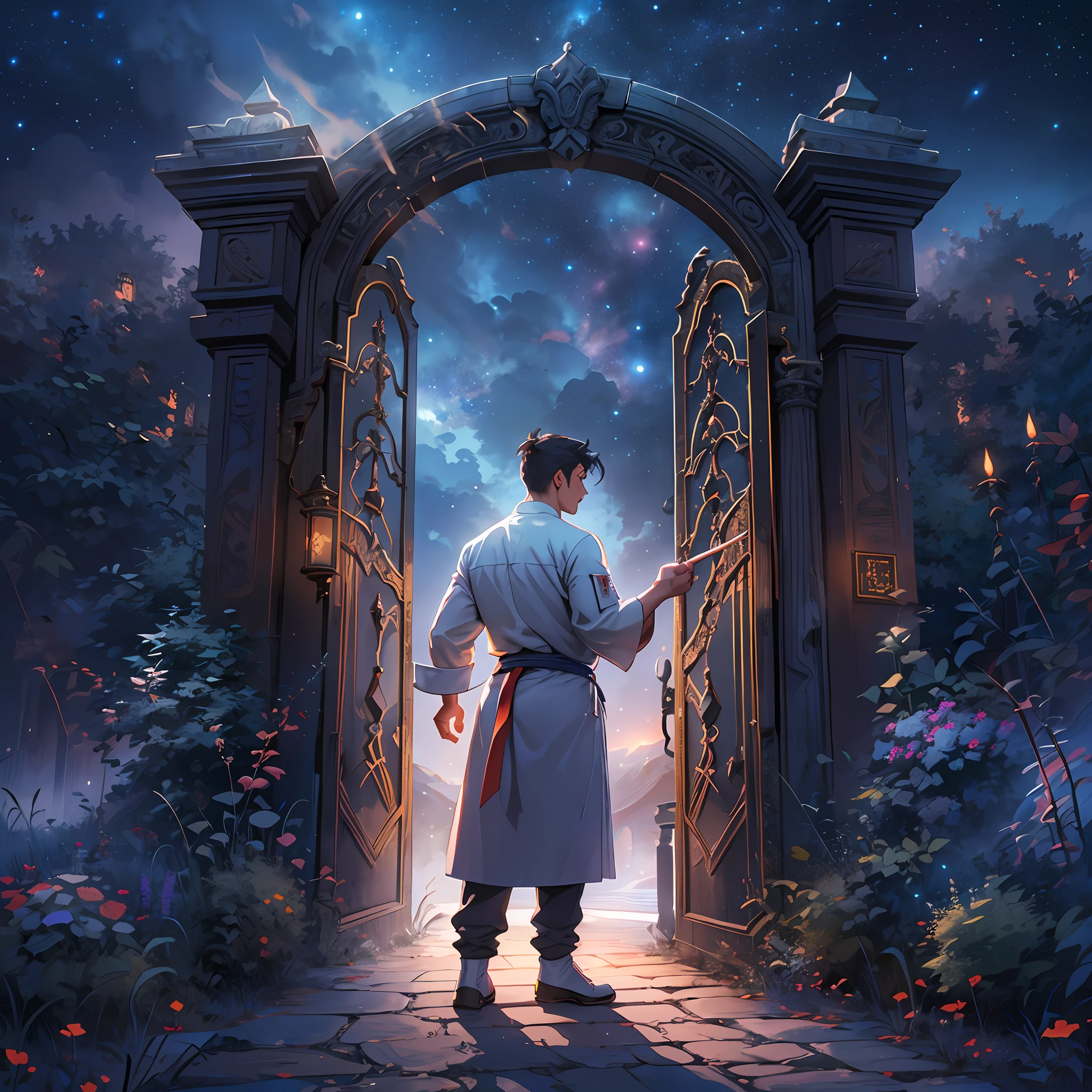 A handsome male chef stands in front of the gate to a dreamland, pointing at the runes on the door. The surroundings are filled with a mysterious atmosphere, like a starry sky and mist.,in the style of the stars art group xing xing, 32k, best quality, masterpiece, super detail, high details